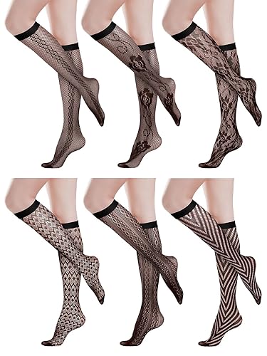 BOARDFEB 6 Pairs Women's Lace Socks Lace Knee High Socks Black White Fishnet Mesh Lace Hollow out Women Stockings - One Size - Black