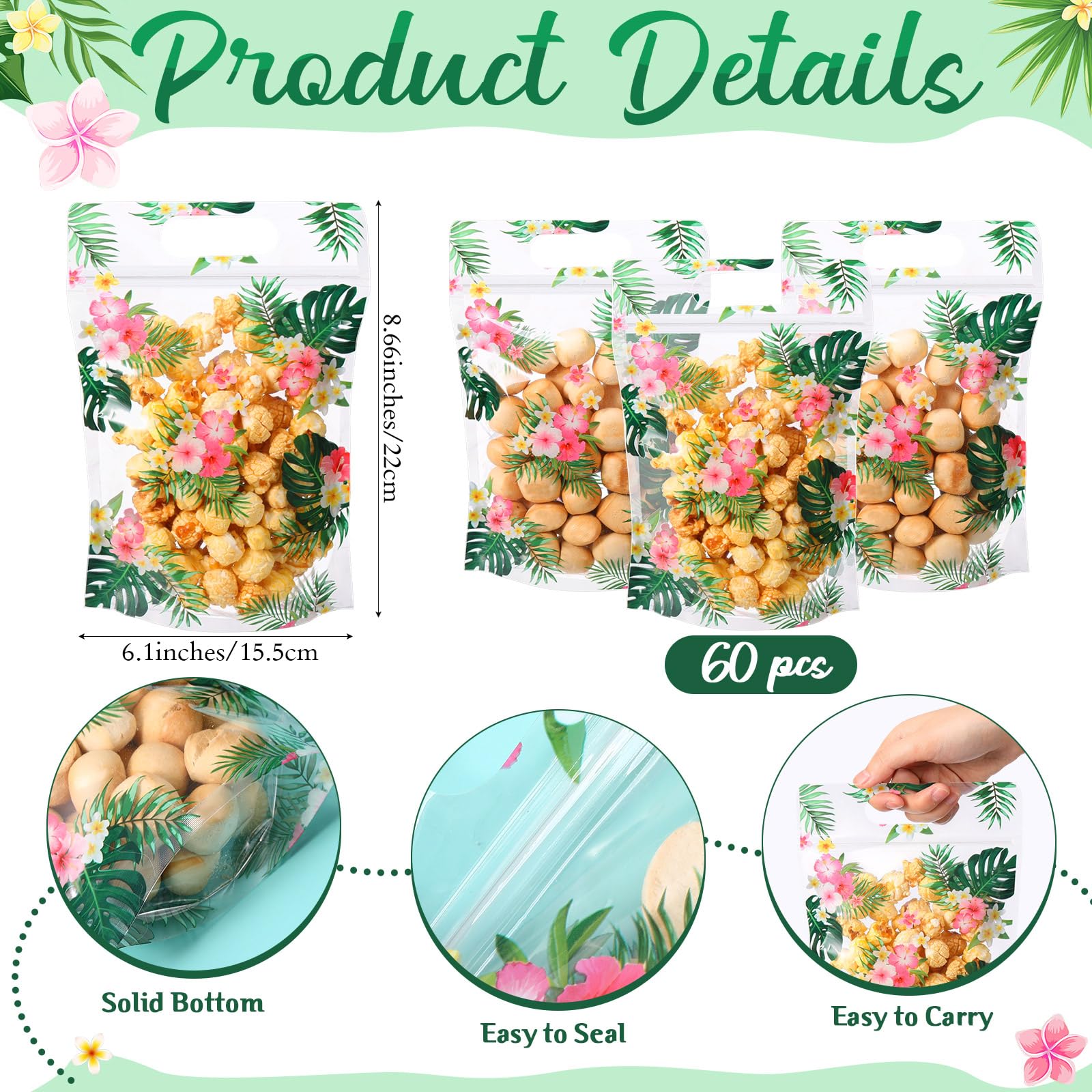 Teenyyou 60 Pcs Hawaiian Luau Party Gift Bags Summer Tropical Palm Leaves Hibiscus Sealing Bags for Candy Treat Goodie Cookie Gift Wrapping Hawaii Aloha Themed Party Favors Supplies