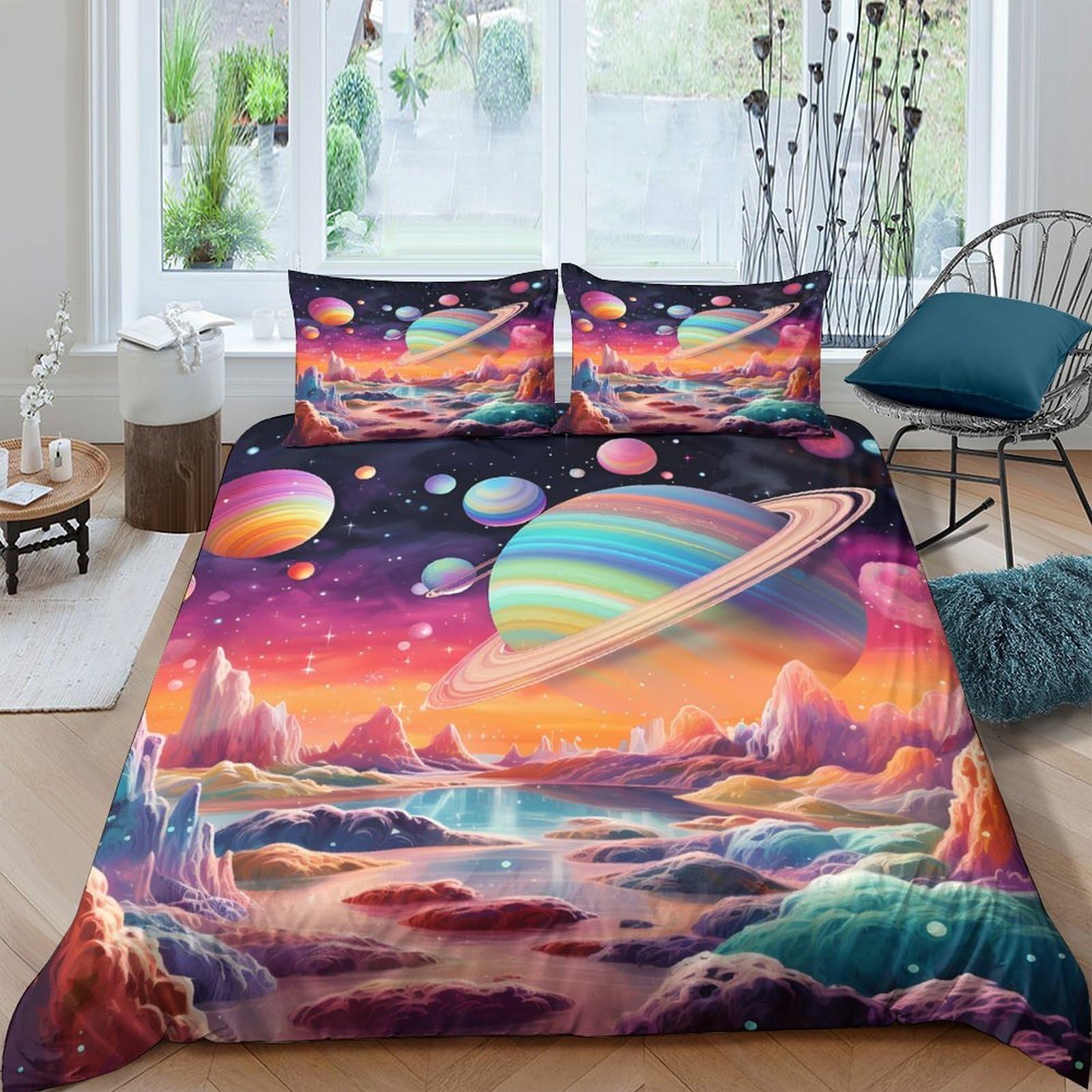 GPLZQXKJNH 3D Printed Planet Landscape Duvet Cover Microfiber Colourful Space Bedding Set with 2 Pillowcases for Bedroom Decor Single（135x200cm）