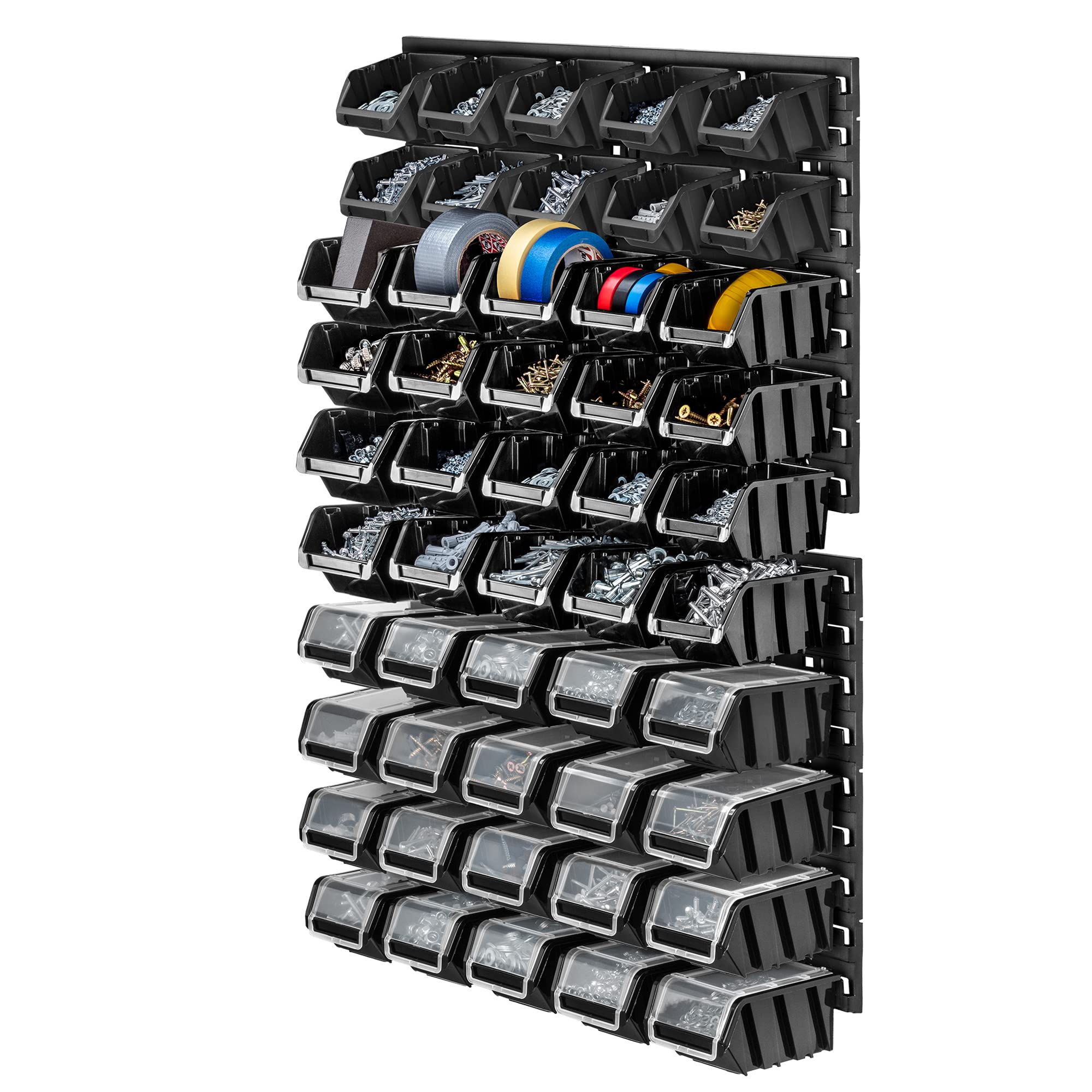 KADAX Werkstattwandregal, 58x78cm Lagersystem aus robustem Kunststoff, UV-Resistentes Werkstattregal, Erweiterbare Wandplatten, Schüttenregal für Garage (Schwarz, 50 TLG. v2)