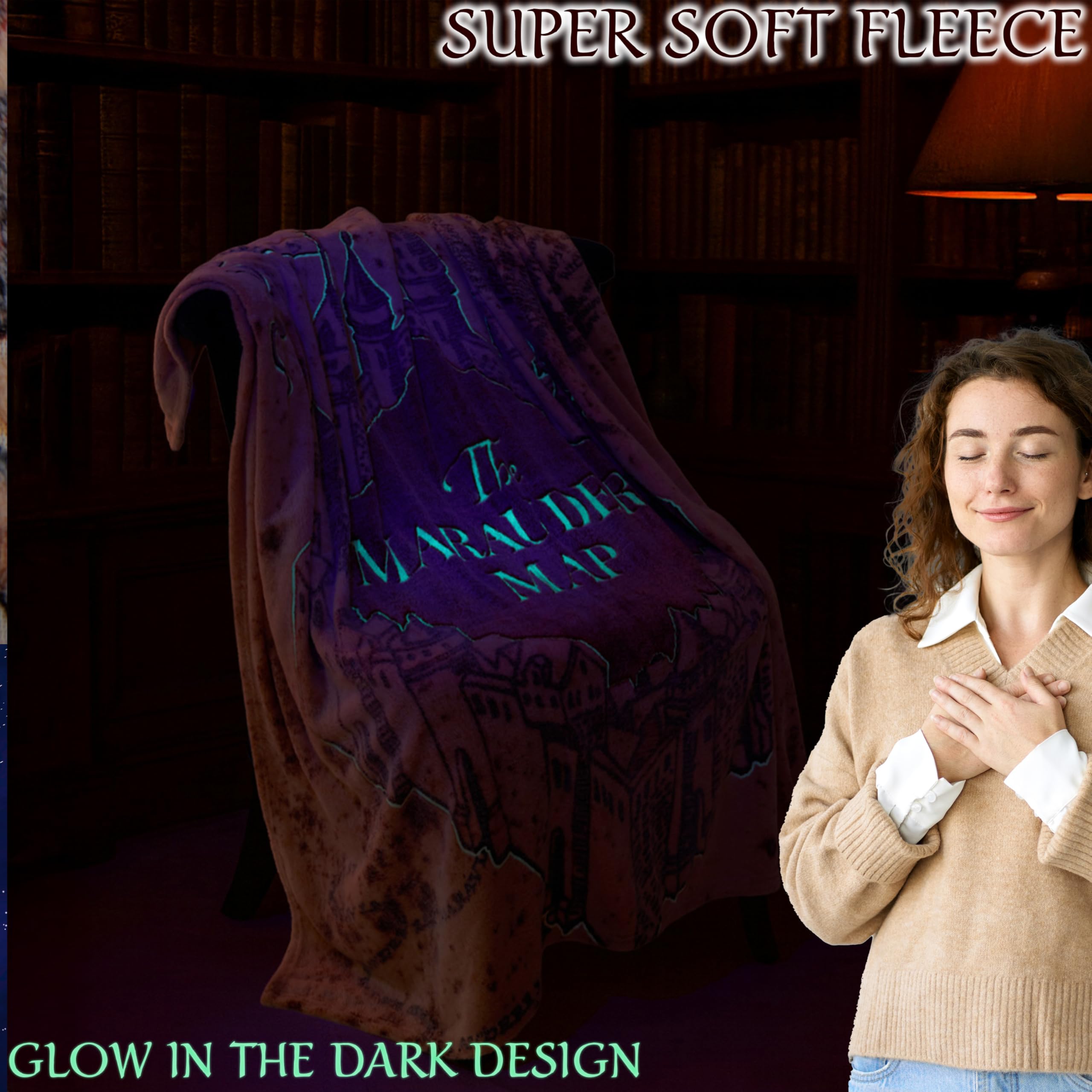 Harry Potter Coperta Che Si Illumina al Buio 130x150cm, Marauder’s Map Coperta Plaid Pile Morbide per Divano e Letto, Si Illumina Dopo 10-30 Minuti, Idea Regalo