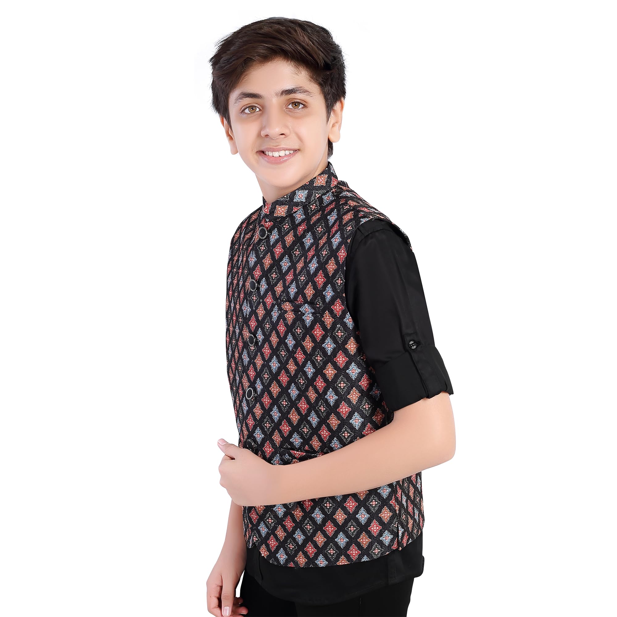 CHARCHIT Boys Black Printed Nehru Jacket and Shirt