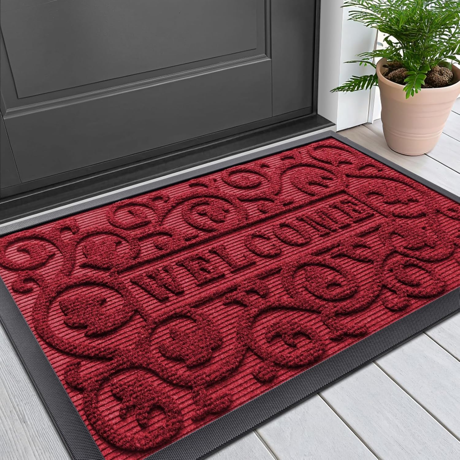 Smiry Welcome Door Mat Outside Entrance, Heavy Duty Trap Dirt and Moisture Easy Clean Low Profile Patio Porch Indoor Outdoor Front Doormat for Entry, 29.5x17 Inch, Burgundy/Welcome 29.5" x 17" Burgundy/Welcome