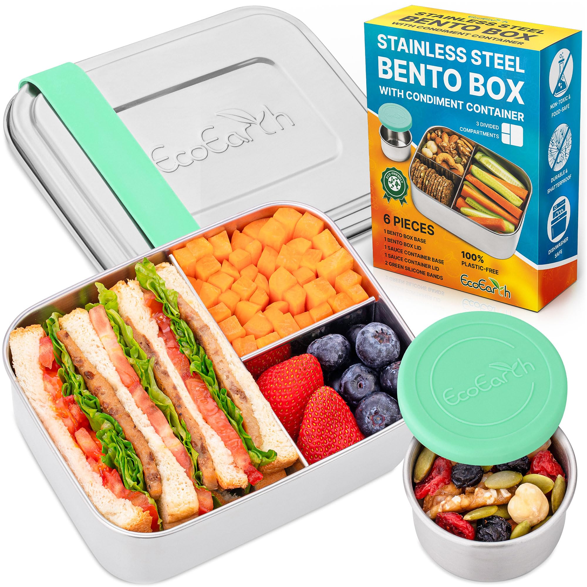 EcoEarth - Stainless Steel Bento Box - 800 ml Green - Leakproof Lunch Boxes for Adults with 3 Compartments - Small Tin Containers with Condiment Cups - Work Snack Box - Food/Salad Storage Container
