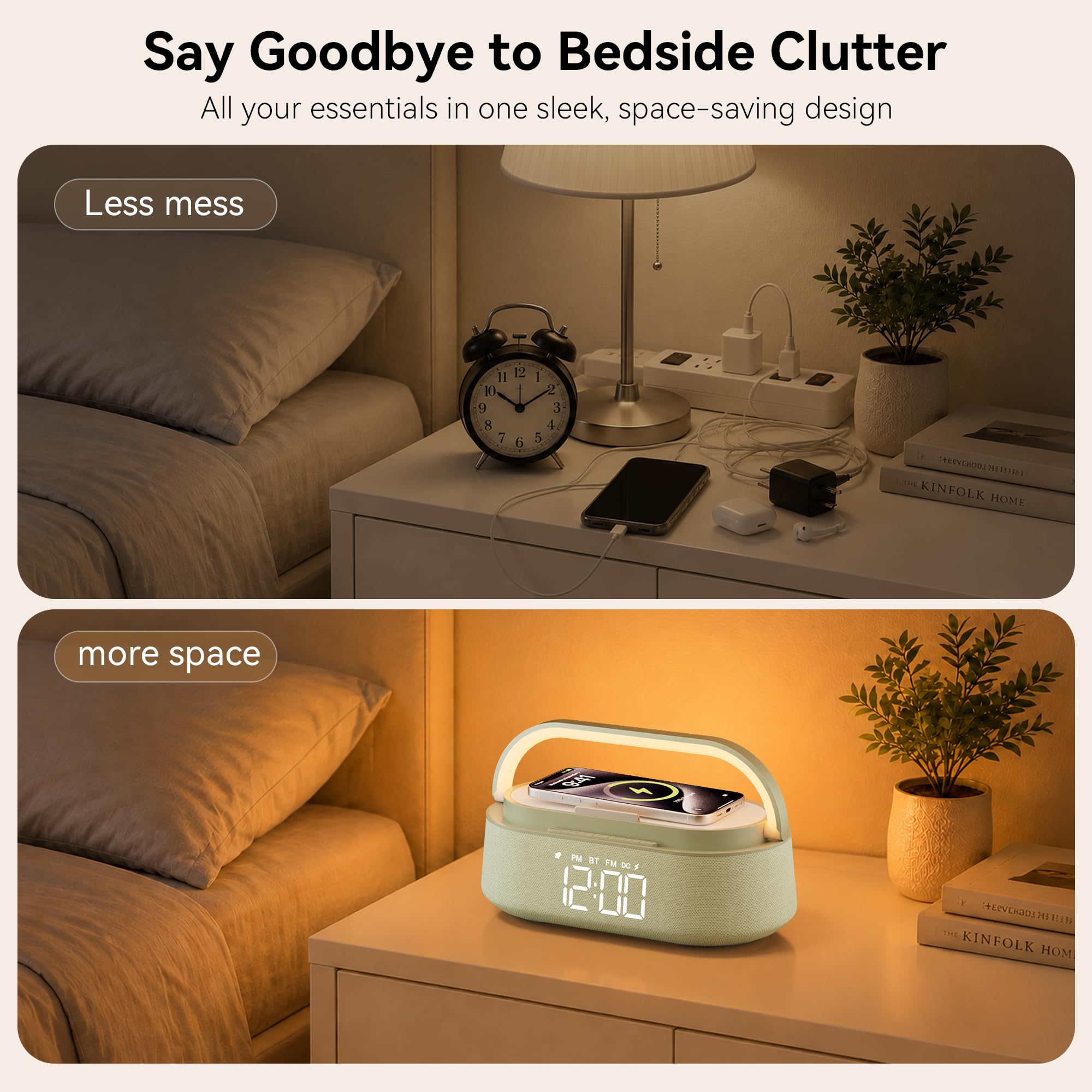 FREEFISH Sveglia con altoparlante Bluetooth con caricabatterie wireless veloce da 15 W, radio FM, luce notturna a LED, orologio di ricarica wireless per camere da letto, ufficio, casa, regali