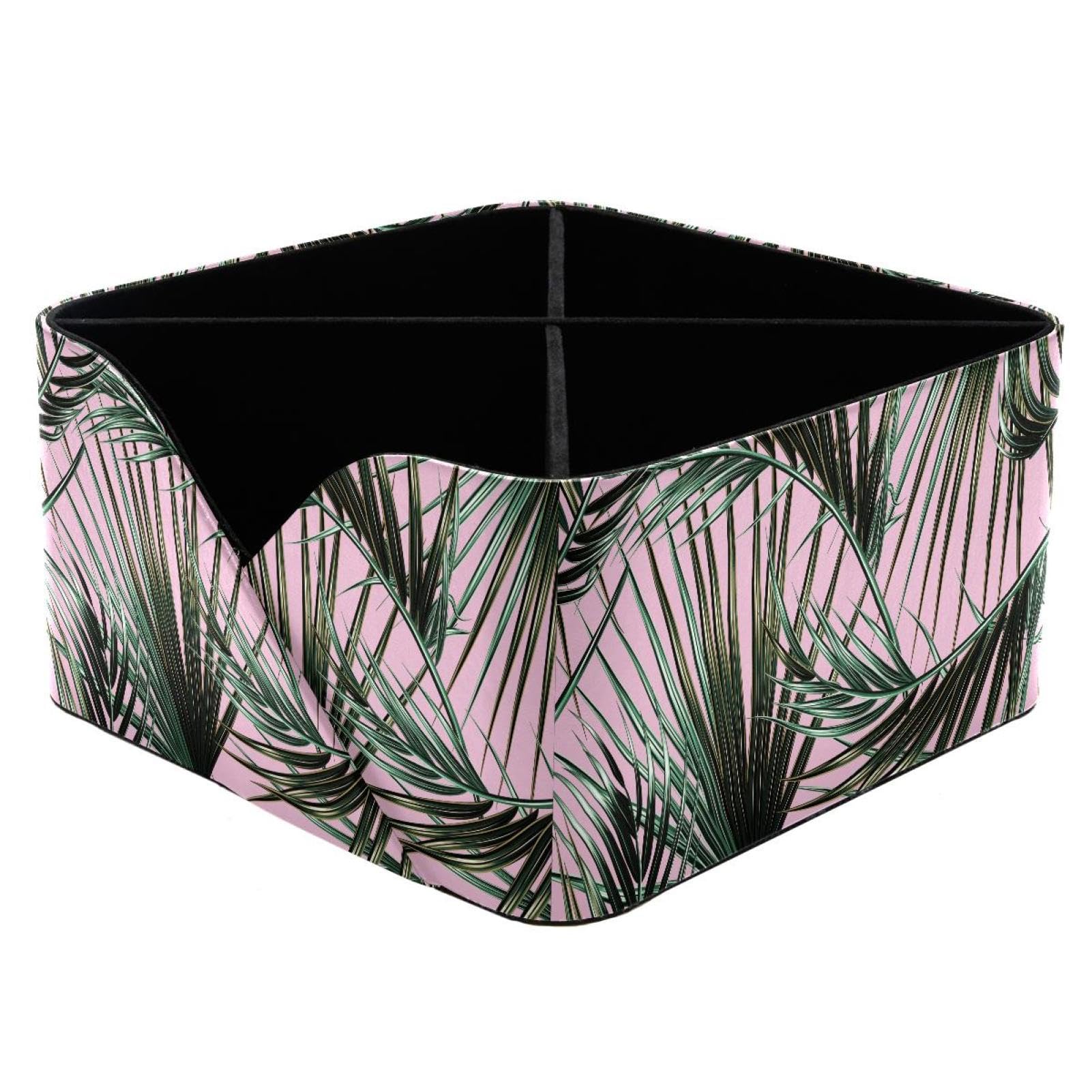 KengjuTesu Green Pink Palm Leaves Desktop Organizer Pen Holder, Rectangular Pencil Cup for Office, Study and Makeup Stations
