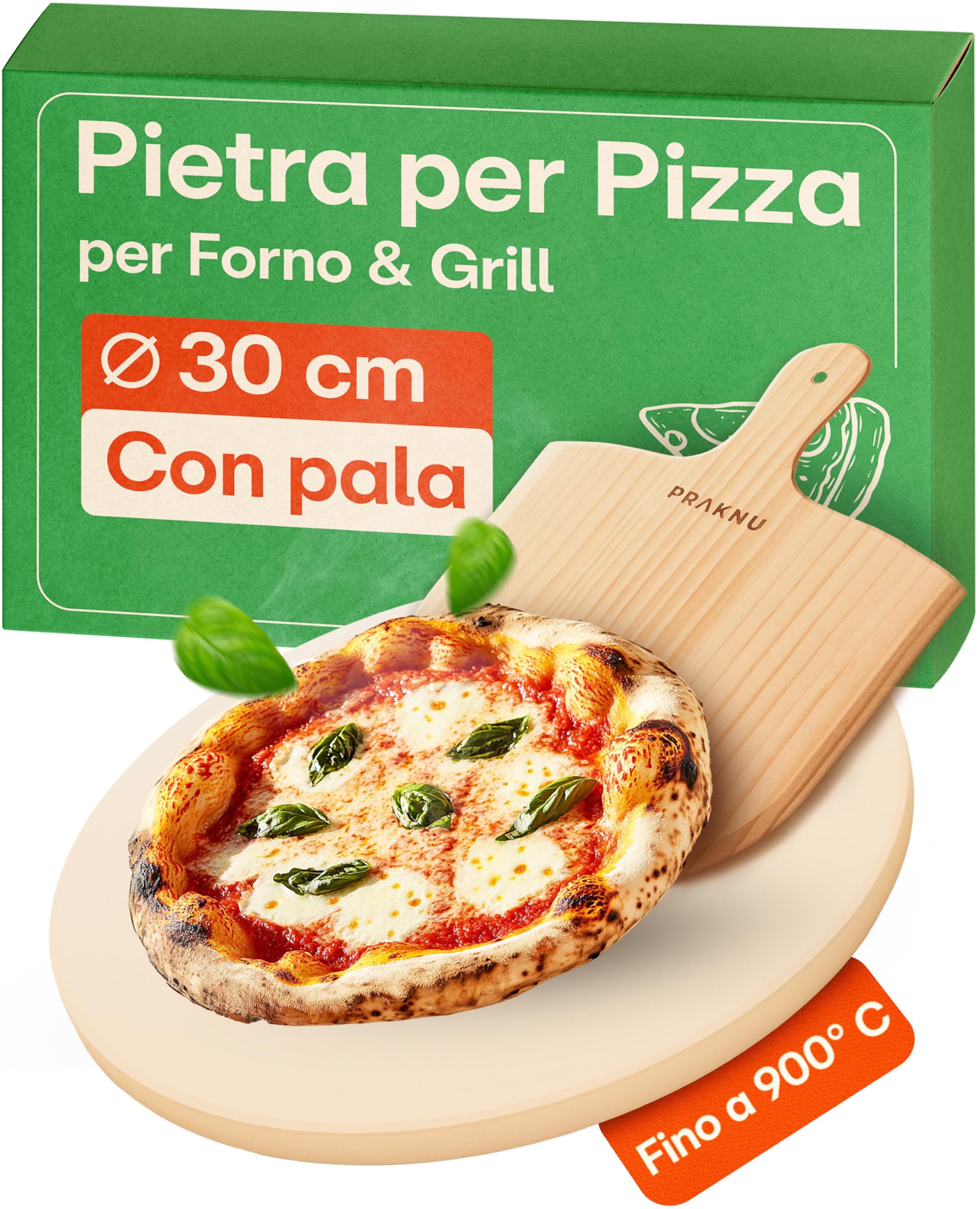 Praknu Pietra Refrattaria per Pizza da Forno Elettrico, Grill e Barbecue - Ø 30 cm con Pala per Pizza in Legno - Per Pizze Croccanti