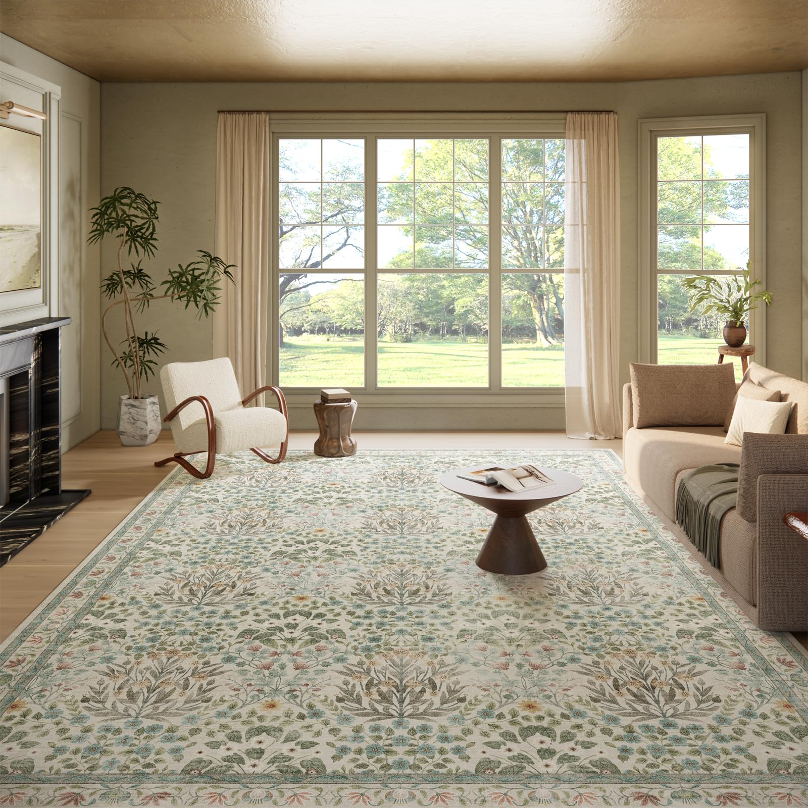 9x12 Washable Area Rug, Soft Non Slip Low Pile Rug for Living Room, Bedroom, Large Dining Room, Vintage Floral Design, Stain Resistant Carpet