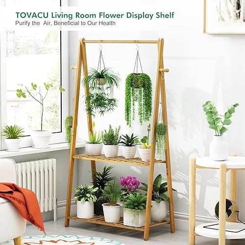 Miniatura 2 de Estante colgante para plantas de interior y exterior, soporte de madera para flores, 2 niveles, estantes de bambú para plantas, estante para patio,