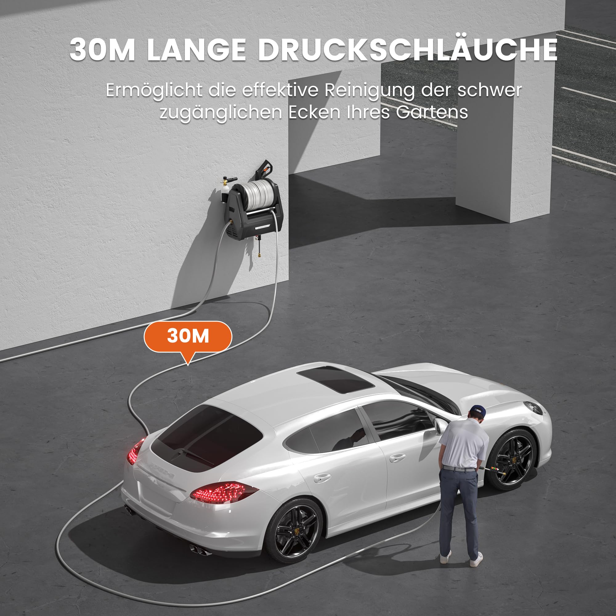 Giraffe Tools Hochdruckreiniger Big Pump 2 in 1, 1800 Watt, Max 2400 PSI, 2.0 GPM Elektrischer Wasserdruckreiniger für die Wandmontage, mit 30M Einziehbarem Schlauch, Grauer weicher Schlauch