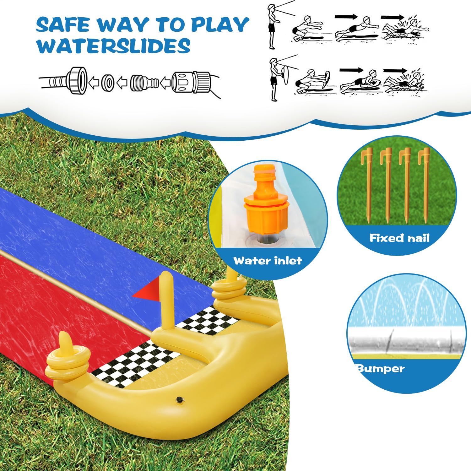 giicuzix 30FT Lawn Water Slide and 2 Inflatable Boards 4 Ring Toss, Extra Long Double Lawn Splash Mat Pad with Sprinkler for Kids Adults Backyard Summer Water Toy Outdoor Fun Carnival Game