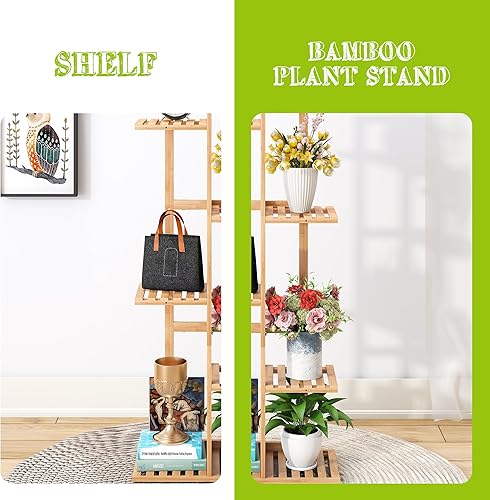 Miniatura 5 de BMOSU Soporte de bambú para plantas de interior y exterior, estante alto de esquina para plantas de 6 macetas, estante para plantas (natural)
