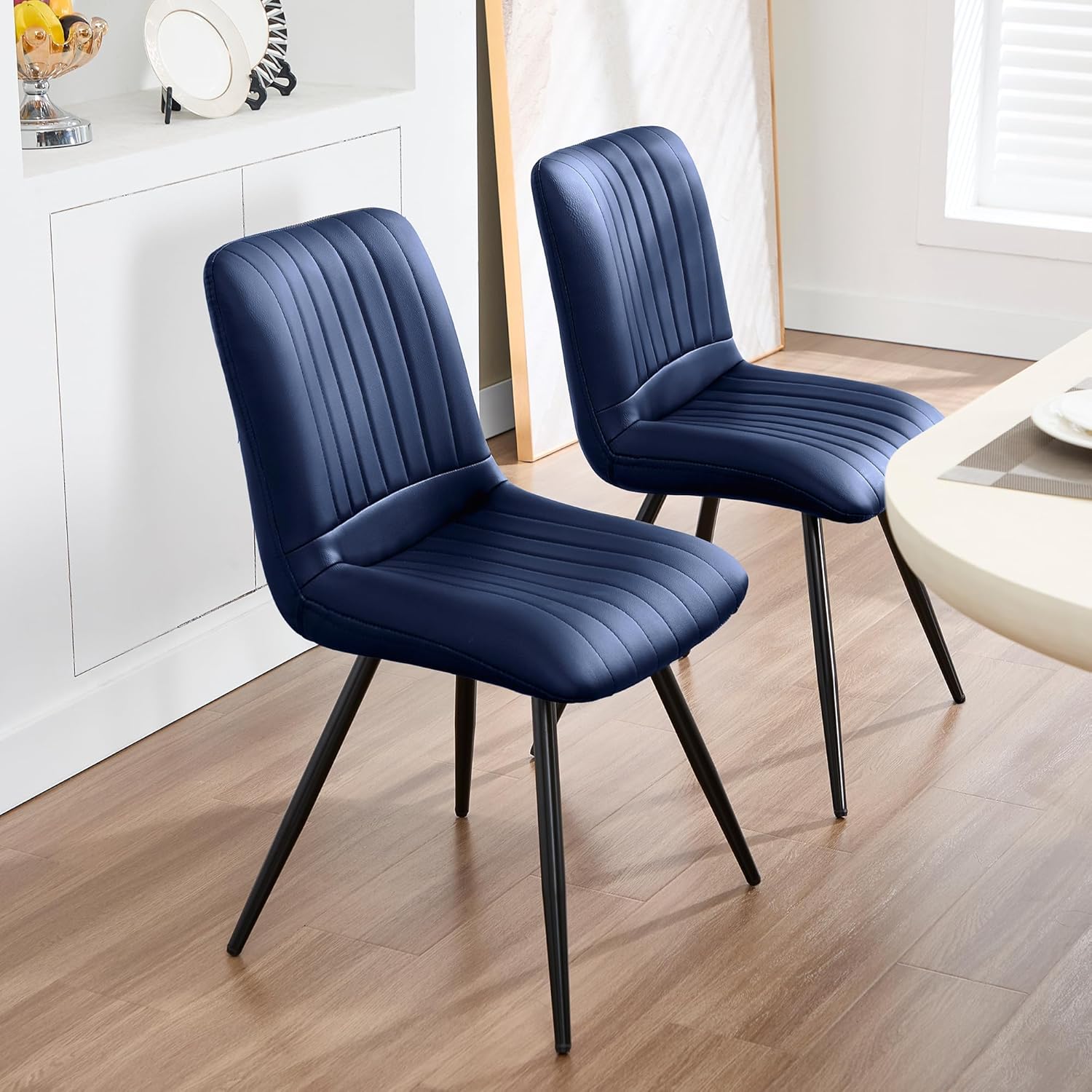 Dining Chairs Set of 2, Modern Dining Chairs with Thick Cushions, PU Leather Upholstered Kitchen Dining Room Chairs with Metal Legs for Dining Living Room (Navy Blue) 2 PCS Navy Blue