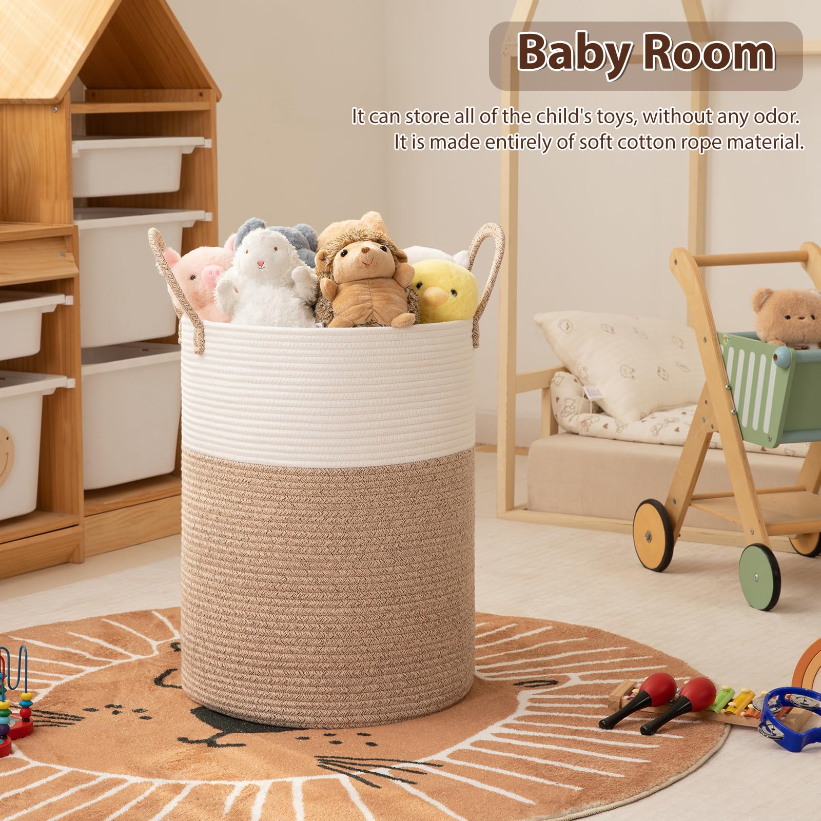 OIAHOMY OIAHOMY Large Laundry Basket Hamper - 60L Cotton Rope Woven Basket for Blankets, Toys, Clothes - Tall Decorative Nursery Hamper with Long Handles, Brown/White in use