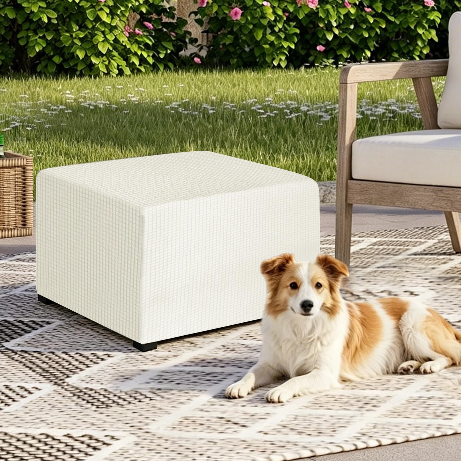 Copri Pouf Elasticizzato Quadrato 90 x90 75x75, Copripoggiapiedi 50x50 100x100 Grande Lavabile e Rimovibile Cover, Morbida e Protettiva per Poggiapiedi e Sgabelli(Beige,75x75x45cm)