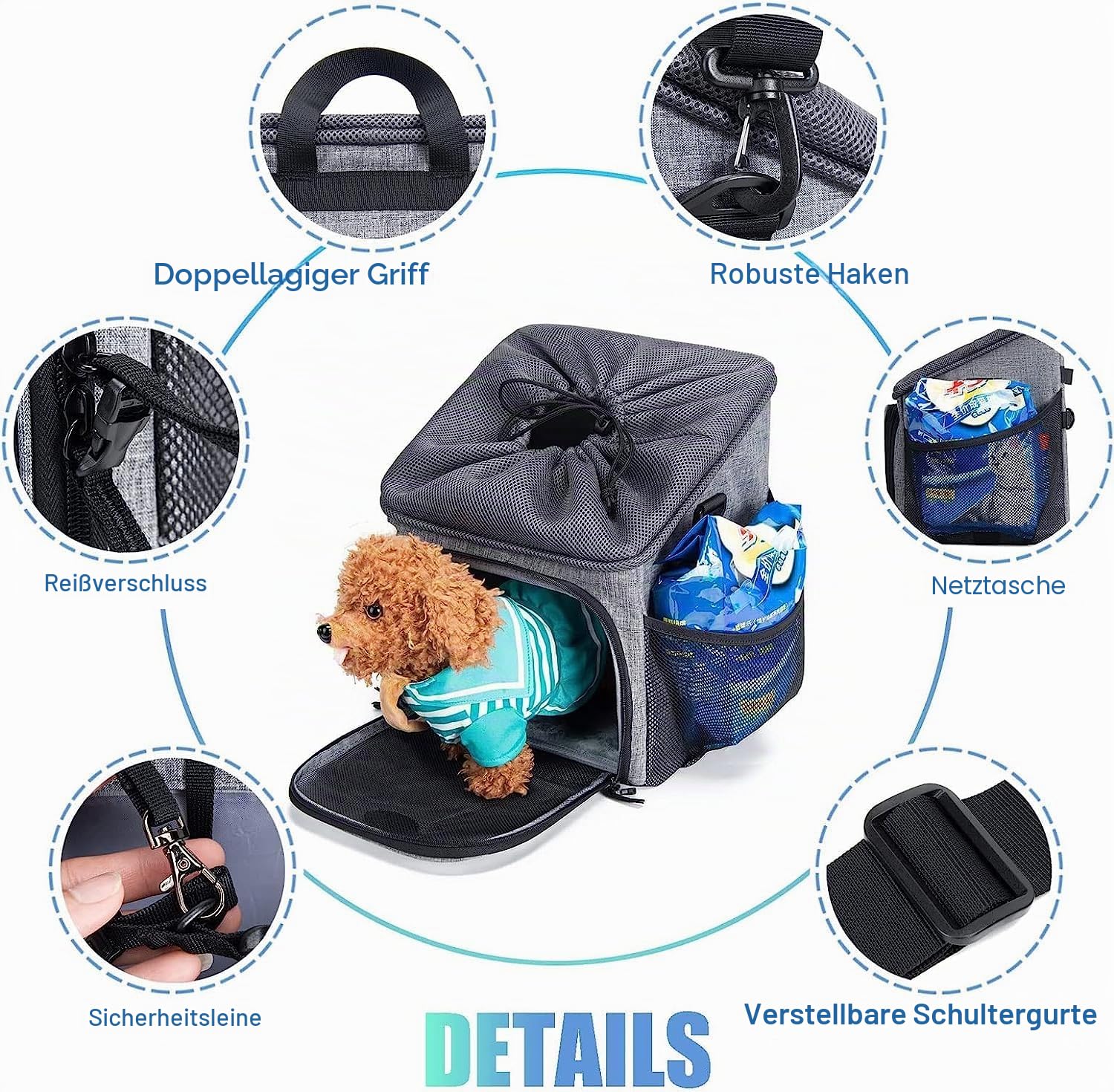 Wakytu Hunde Fahrradkorb Transporteur, Pet Bicycle Carrier Backpack für Fahrradtouren, reflektierende Streifen, Zwei Seitentaschen, Fahrrad Transportbox für Hundereisen mit kleinen Hunden