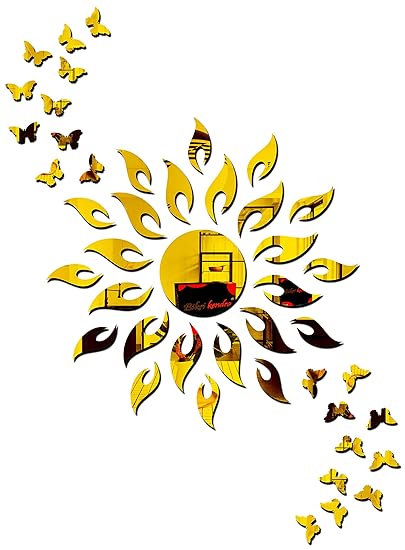 Bikri Kendra - Art BK87, Sun Golden with 20 Butterfly Golden - 3D Acrylic Mirror Stickers for Wall