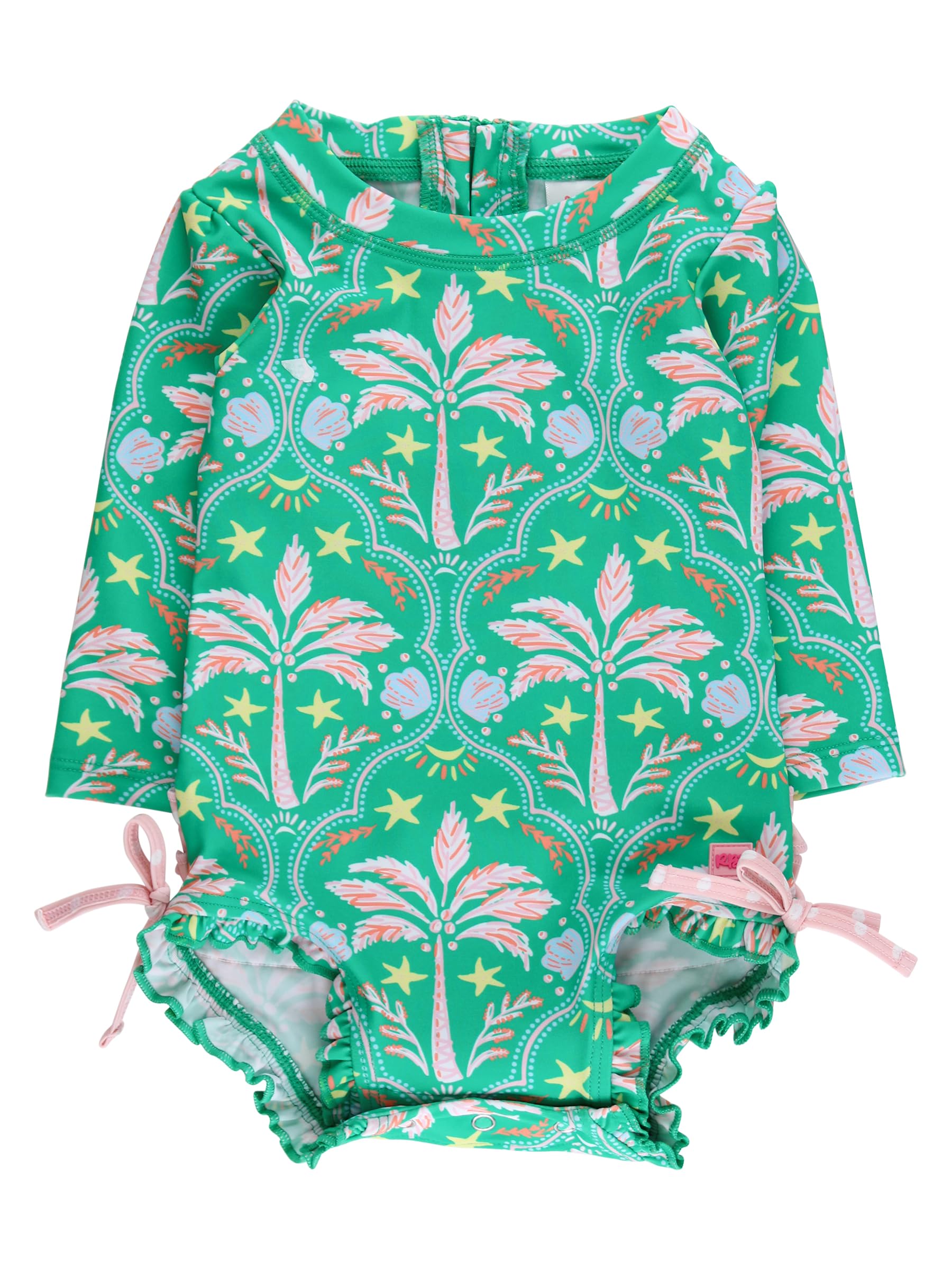 RuffleButts Baby Girls Novelty Baby One Piece - Rash Guard Swimsuit | 80% Nylon 20% Spandex, UPF 50+, Lightweight, Medium Stretch, Full Seat Coverage, Bottom Snaps, Unlined, Infant Beach Swim