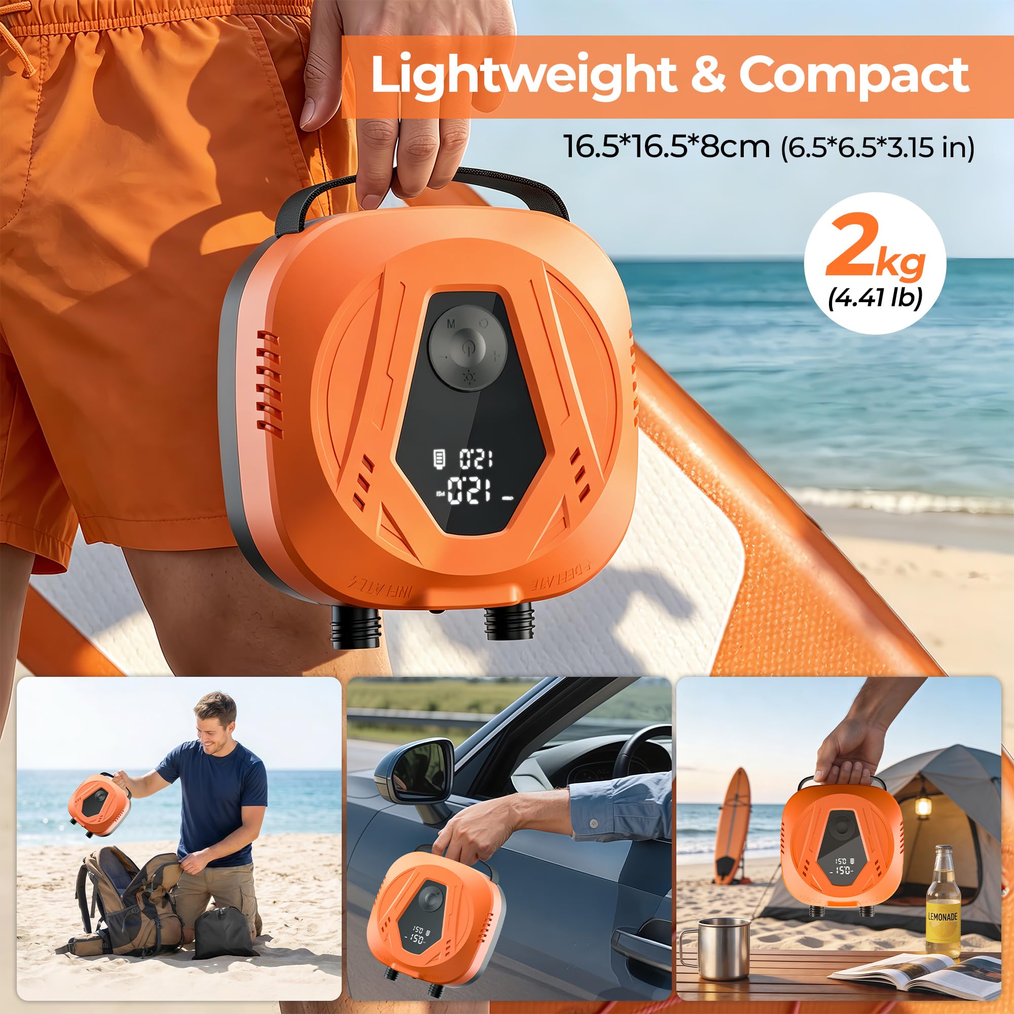 Pompe à air électrique SUP, 20 PSI SUP, pompe à pagaie rechargeable, 15600 mAh, détection automatique de la pression d'air, pompe à air d'arrêt automatique pour paddleboard, cerf-volant, tente