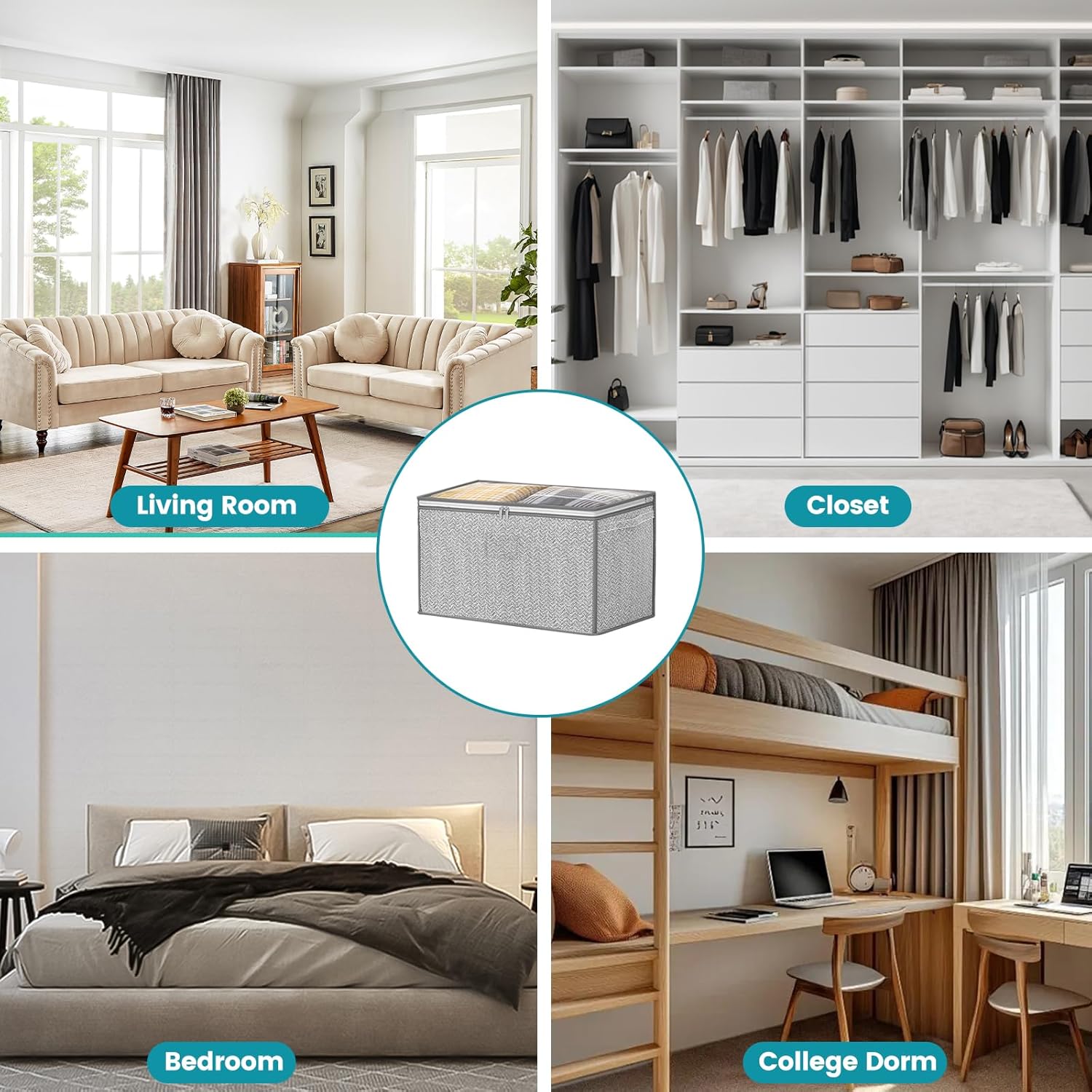 3 Pack 125L Grey Comforter Storage Bags, Clothes Storage Bags, Collapsible Closet Organizers, with Reinforced Handles & Sturdy Zippers