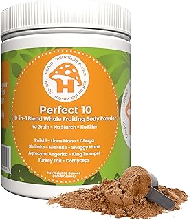Hongo Mushroom Power - Perfect 10 Mushroom Complex Powder - Lions Mane, Reishi, Cordyceps, Chaga, Turkey Tail, Maitake Supplements - for Immunity, Energy, Memory & Focus - (8 Ounce Jar)