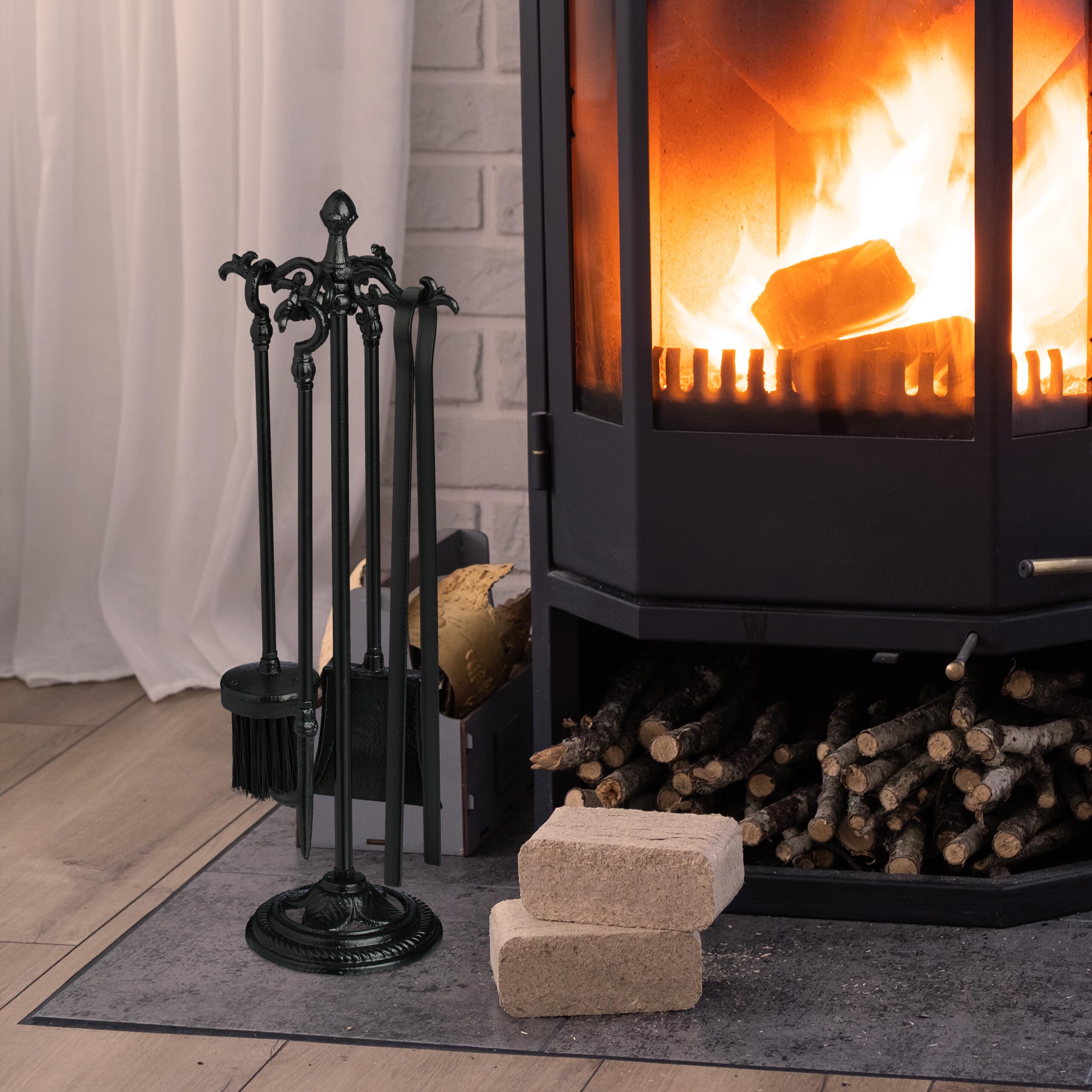 Relaxdays haardset, 4-delig haardstel met pook, schep, bezem & houder, haardgereedschap modern, zwart