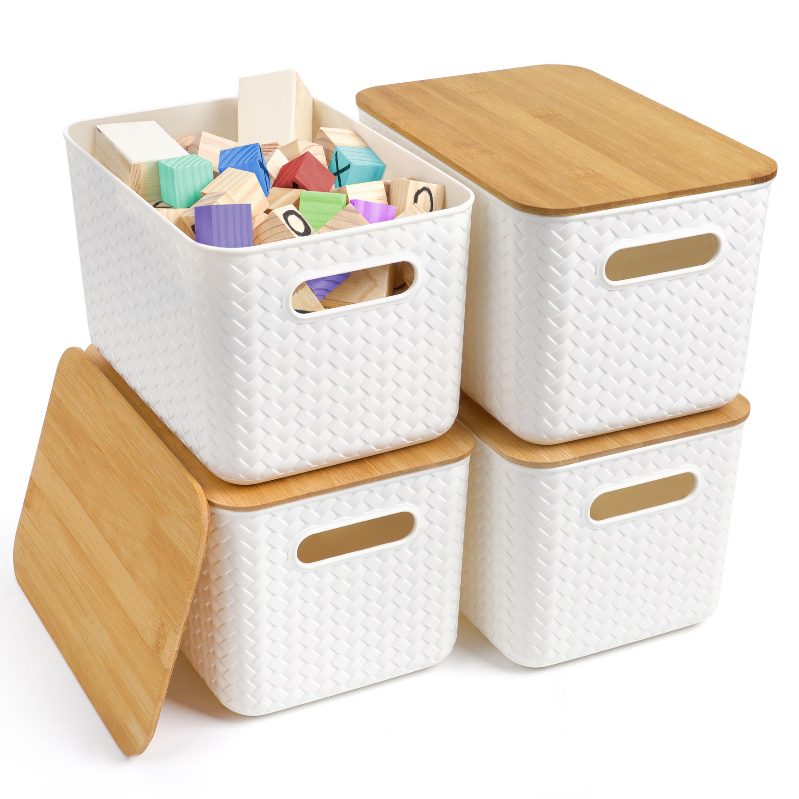 Winter Shore Scatole Grandi con Coperchio in Bambù (4 Pezzi) | Porta Oggetti, Cesta Portaoggetti, Scatola Decorativa per la Scrivania e l'Ufficio, Contenitori Impilabili per Uso Quotidiano