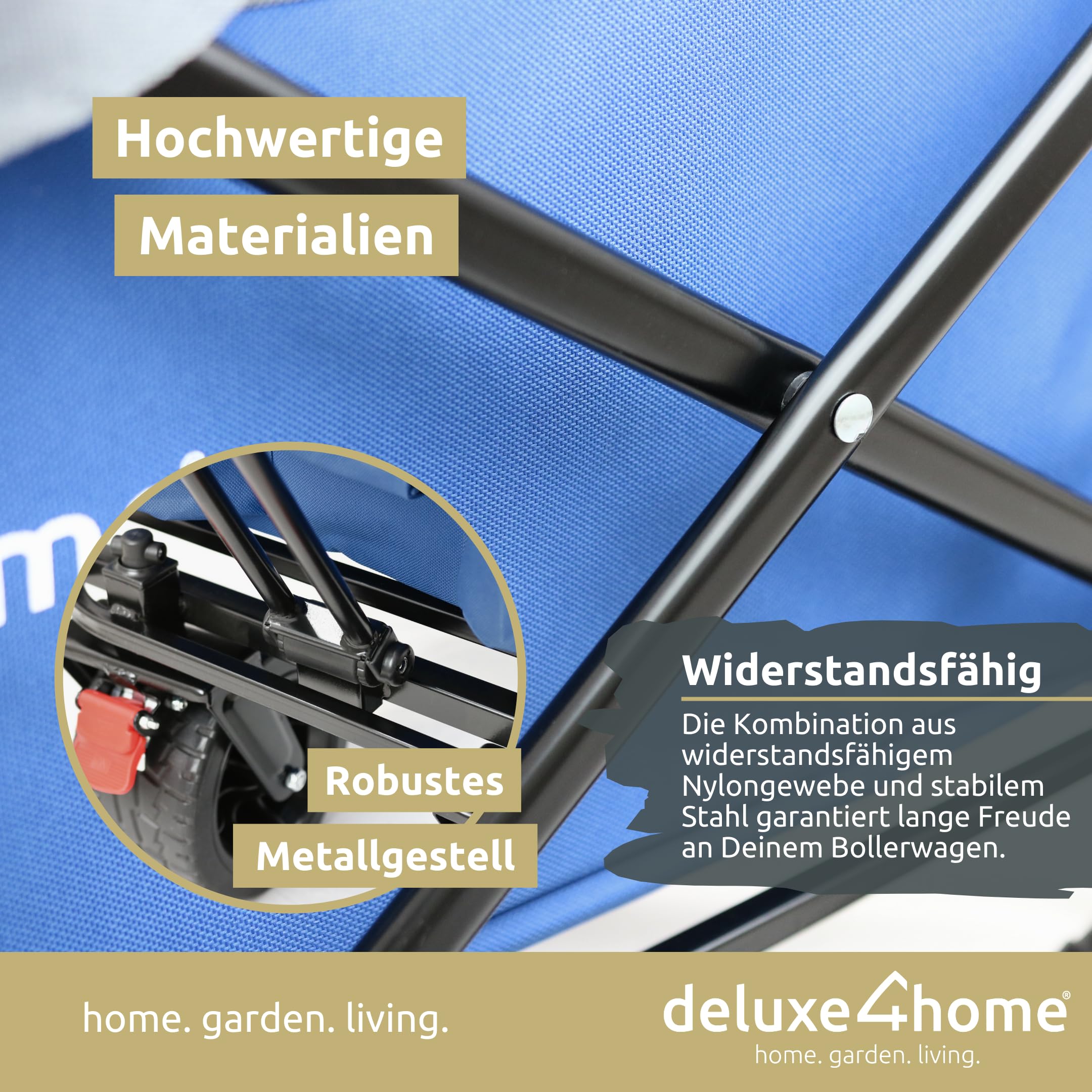 Bollerwagen Faltbar mit Dach Blau/Grau I Mit 360° Reifen & Bremsen I Handwagen Transportwagen 100L I Campingwagen Trolley bis 120kg I Drehbarer Griff