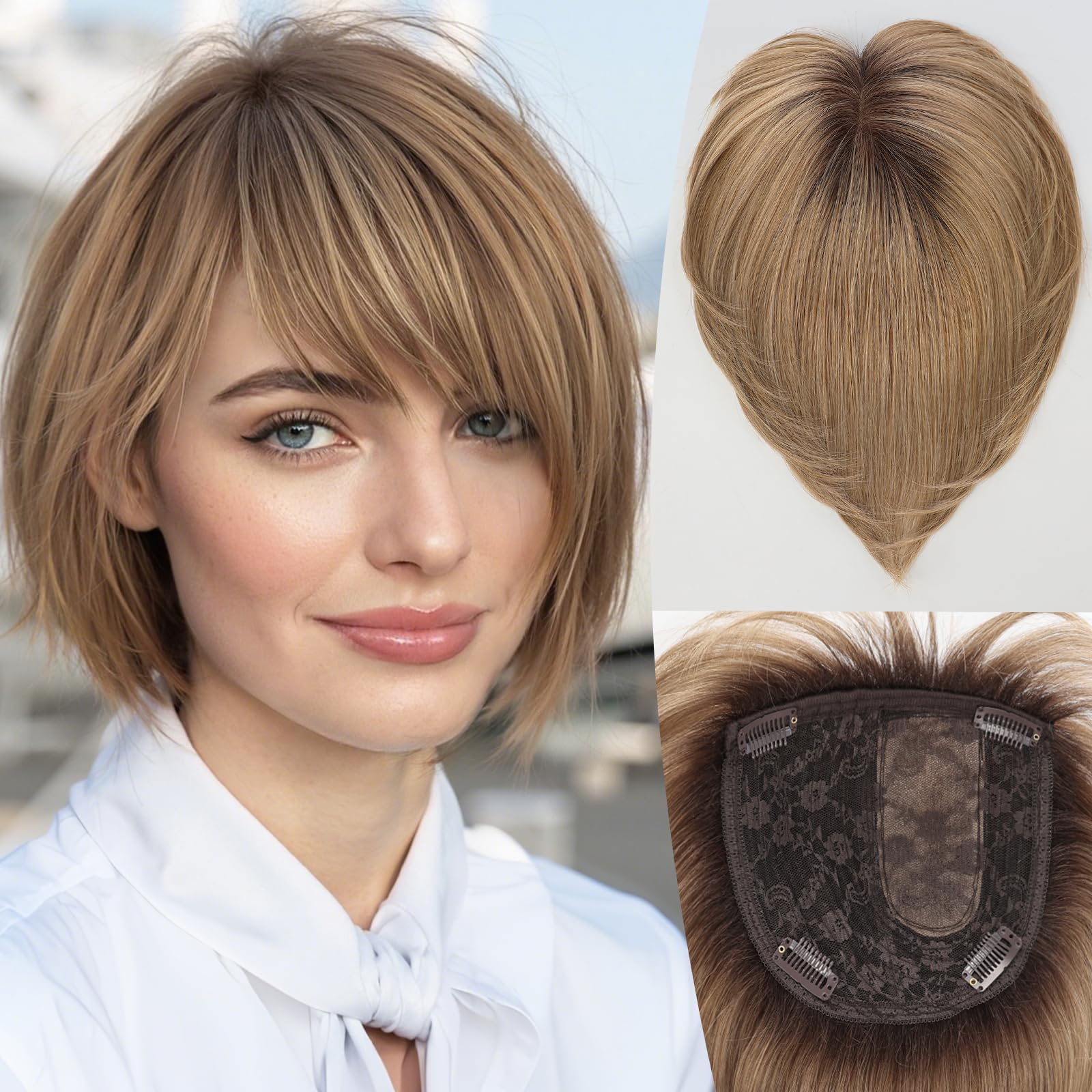 HAIRCUBE 10-Inch Human Hair Topper for Women – 6.5x6.5 Inch Silk Base, Ombre Ash Brown Side-parted Short Bob with Bangs – Thinning Hair Solution, Covers Gray Ro
