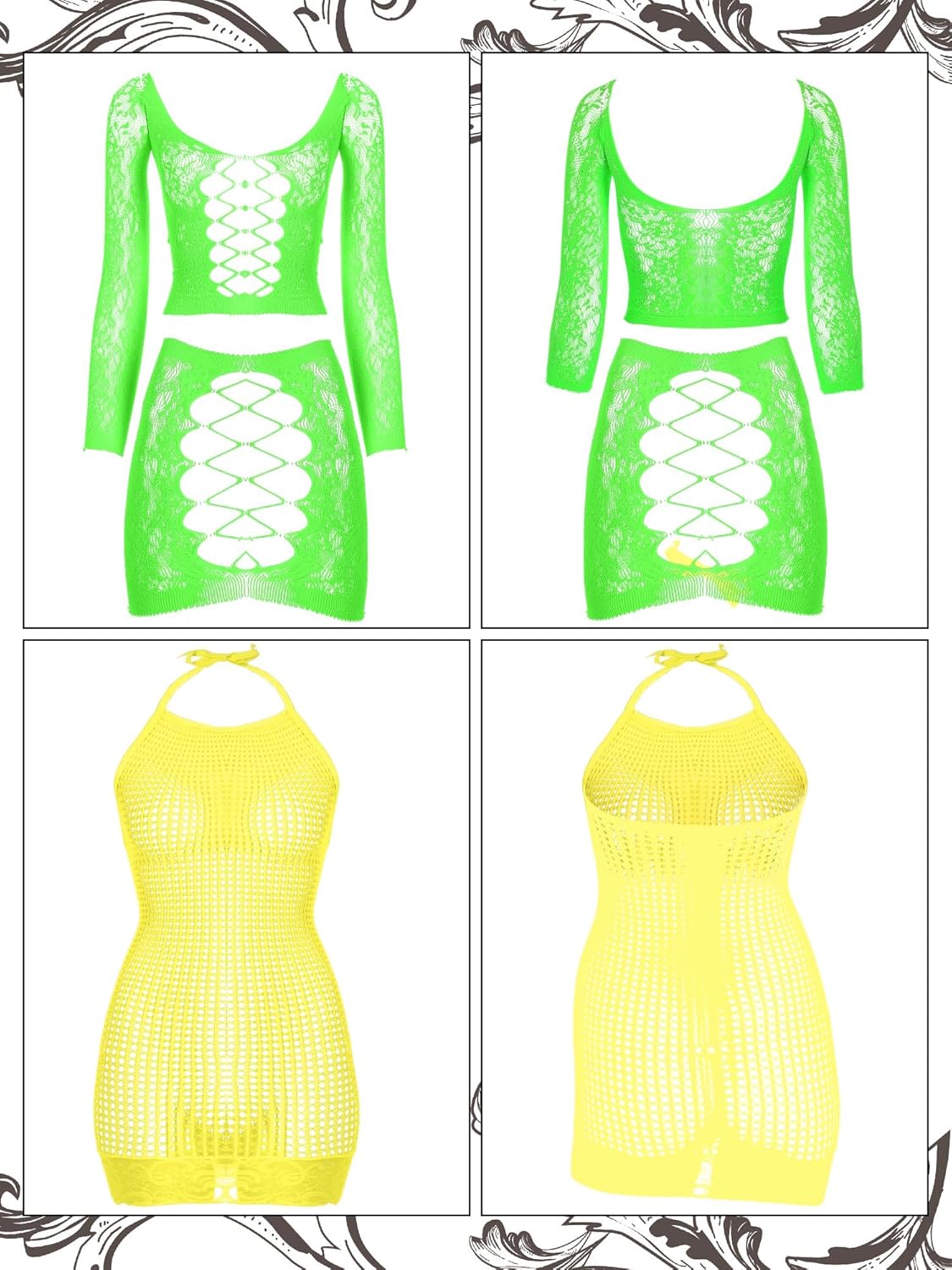 12 Pieces Women's Fishnet Lingerie Mesh Babydoll Bodysuit Lace Smock Lingerie for Women (Warm Color,Simple Style)