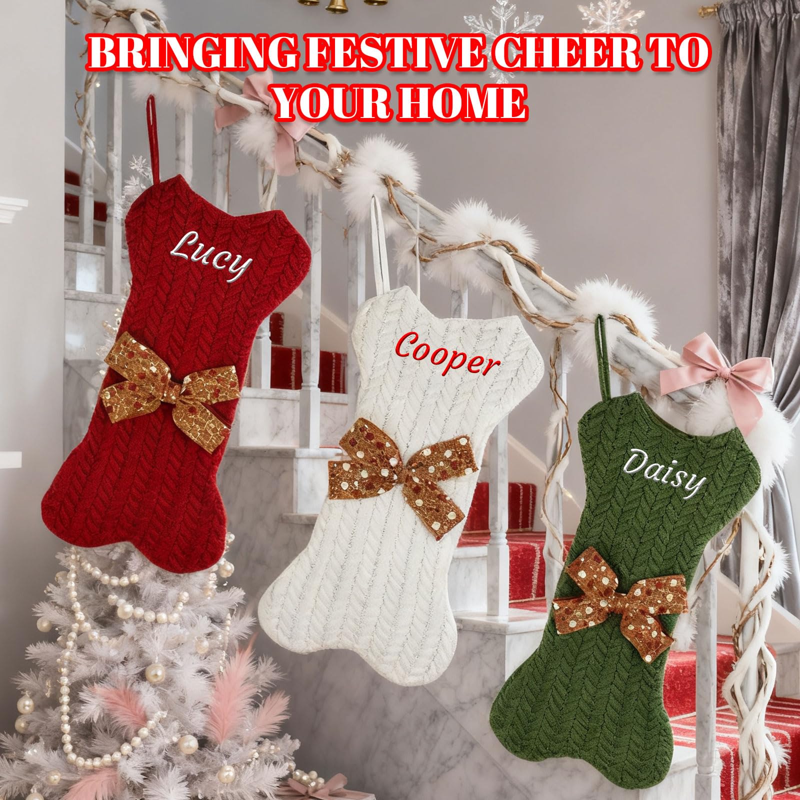 Generisch 4 PCS Personalisiert Weihnachtsstrumpf, Namensstickerei, 42 cm | Knochenförmige Strickware Nikolausstrumpf in Rot, Grün & Weiß, Familien& Haustier Weihnachtsdeko