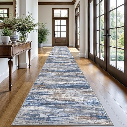 Miniatura 92 de KOZYFLY Alfombra moderna abstracta lavable de 2.6 x 10 pies, antideslizante, suave, alfombra de camino de cocina, alfombra a rayas azules óxido para