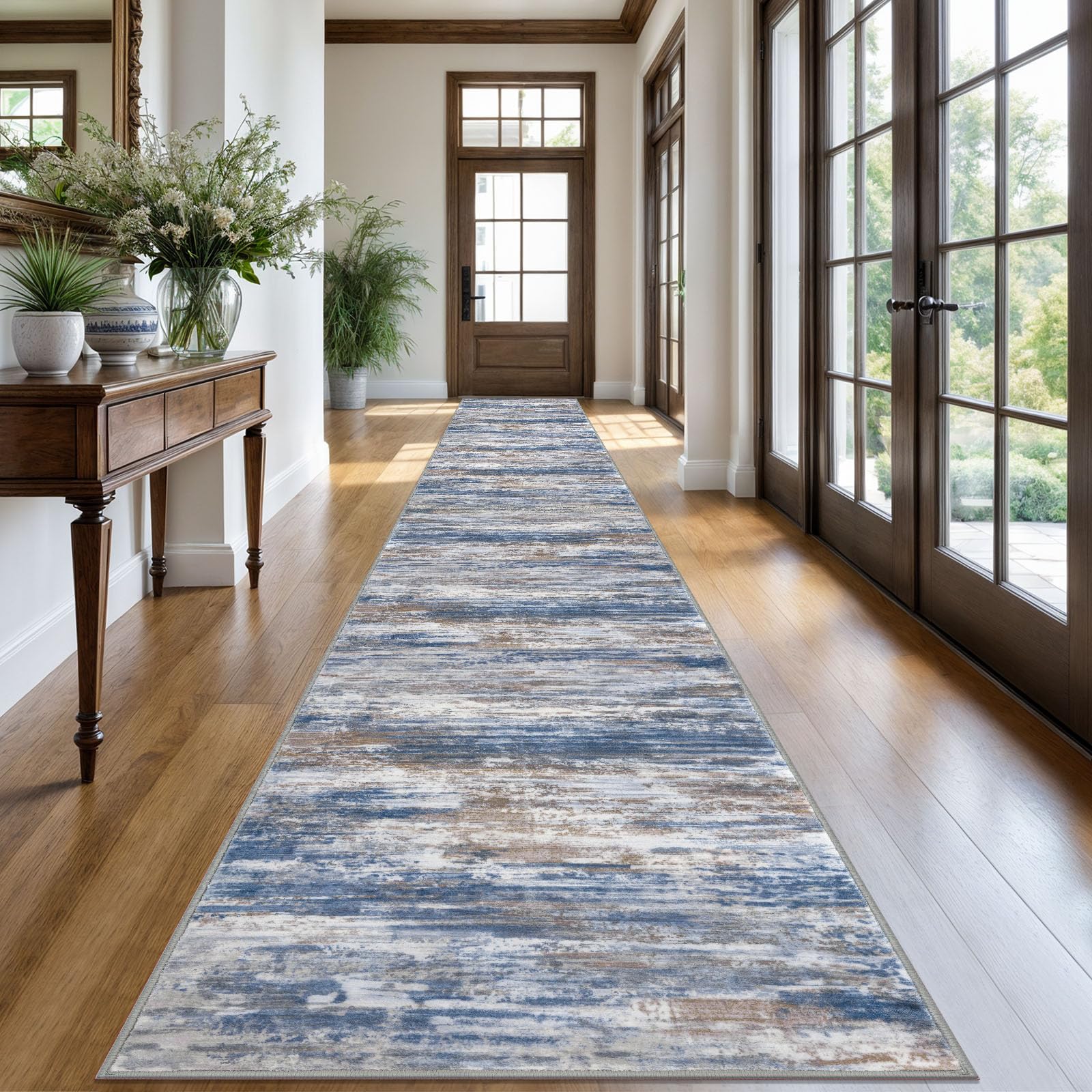 KOZYFLY Modern Abstract Washable Runner Rug 2.6x20 Hallway Runners Non-Slip Soft Kitchen Runner Rugs, Blue Rust 20 Foot Carpet Runner for Stair Entryway Bathroom Laundry Room Foyer — image 1