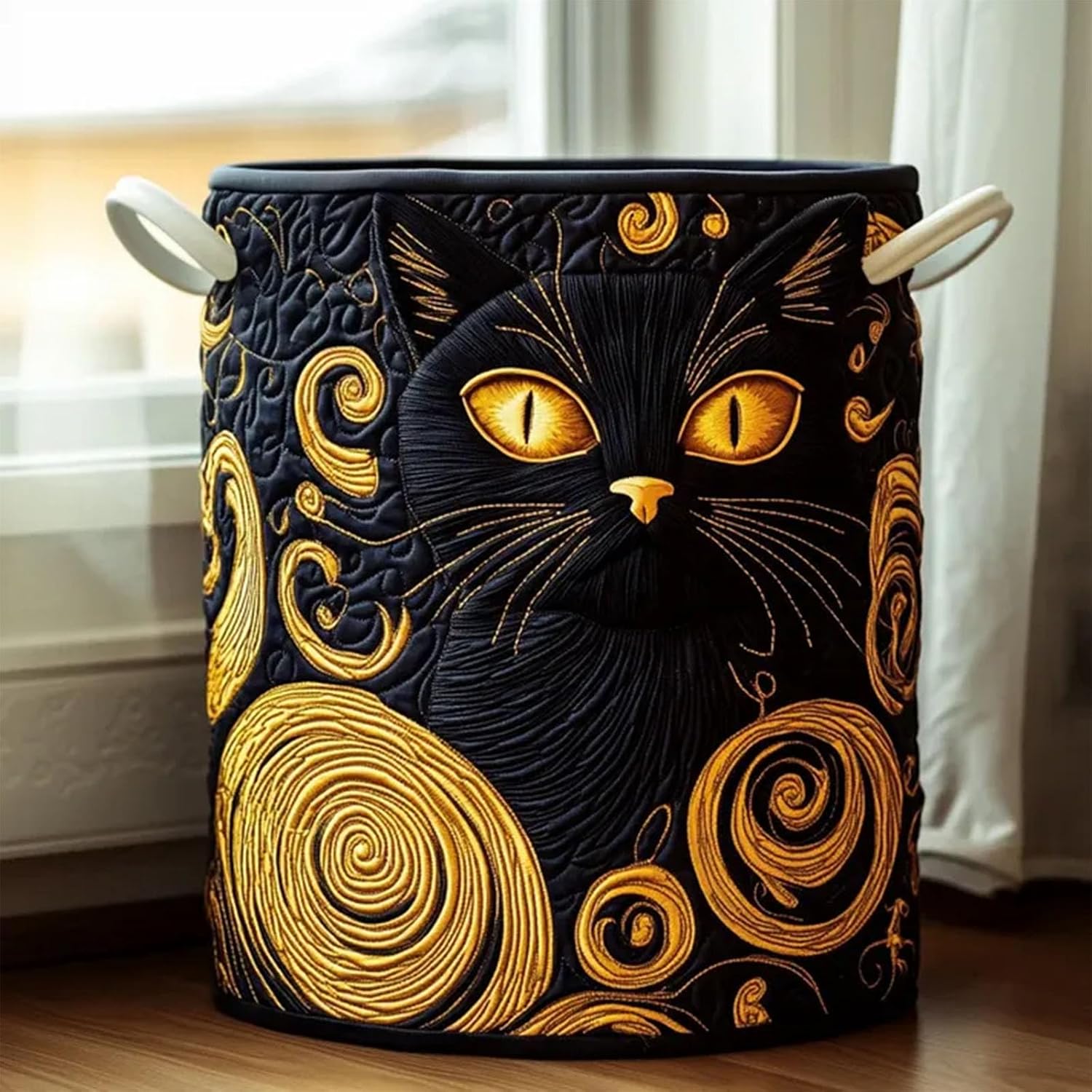 Cat Laundry Basket, Vintage Books Embroidered Laundry Basket, Cute Floral Cat Decorative Storage Bin with Handles for Clothes, Toys, Books, Blankets for Home, Bedroom, Bathroom, Nursery (F)