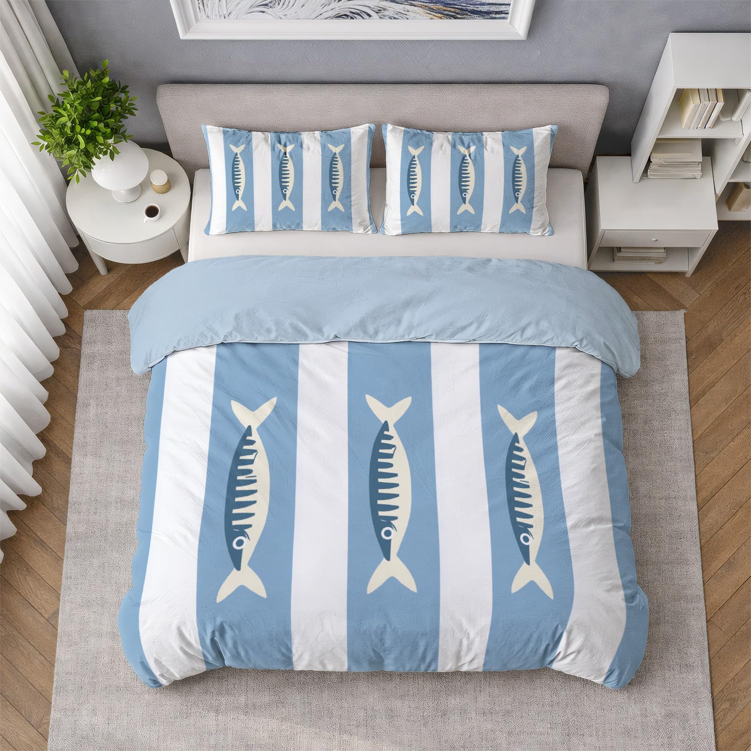 Poszwa na kołdrę Zima w paski - 220 x 240 cm - Dwustronna niebieska Ice Microfiber - 2 poszewki na poduszki w zestawie - Pościel morska Świeży wzór ryb - Morbid Microfiber Duvet Cover