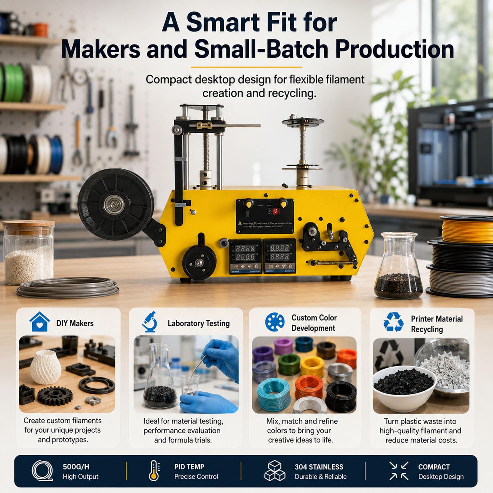 Máquina Recicladora De Filamento para Impresoras 3D De Alta Precisión, Extrusora, Bobinado Auto 500g/h para PLA-CF PETG-CF PA-CF 1,75/2,85/3,0mm