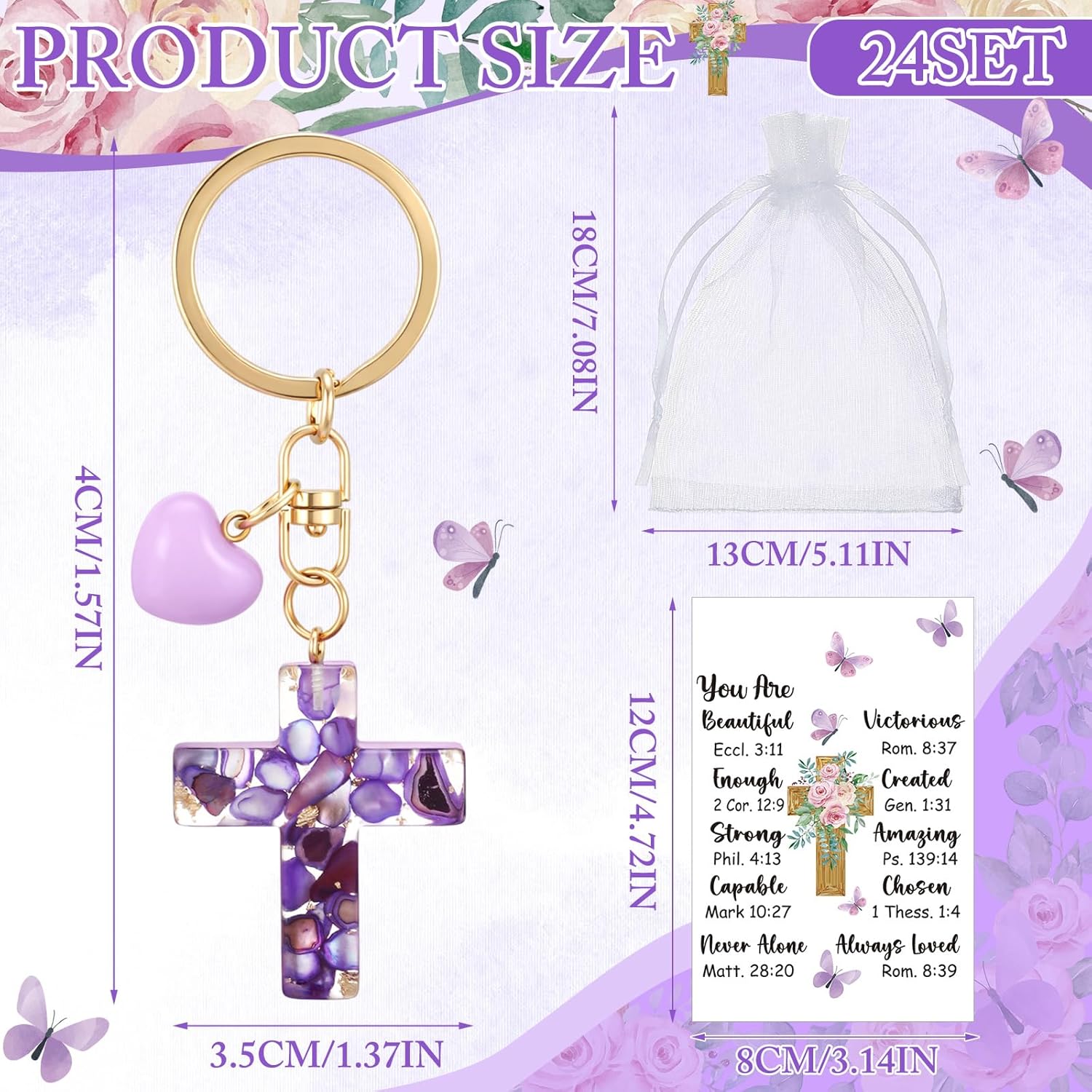 Nosiny 24 Sets Mothers Day Christian Gifts Resin Cross Keychain Bulk Church Bible Verse Religion Gifts for Women Mothers