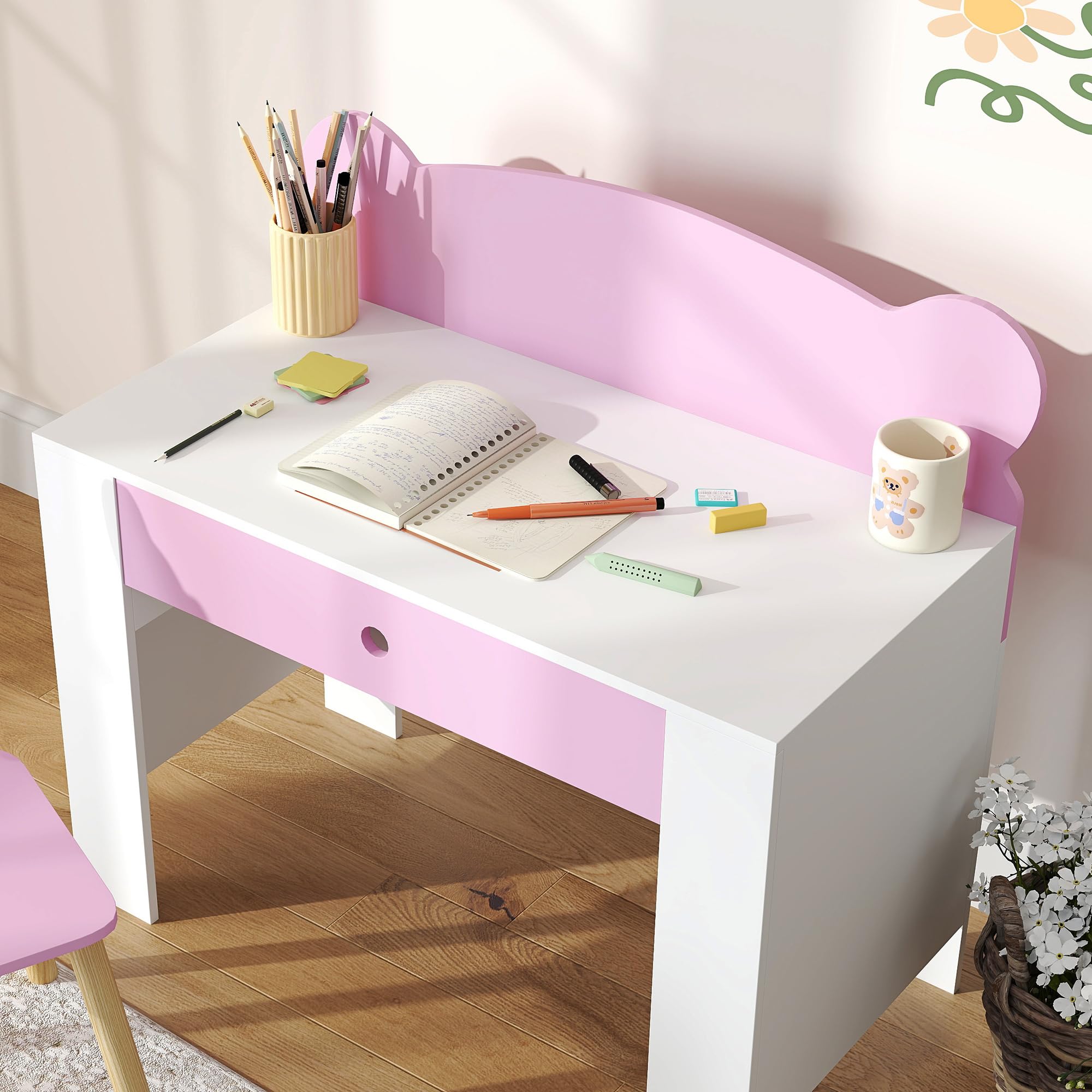 AIYAPLAY Set Scrivania per Bambini con Sedia, Tavolo da Studio con Cassetto, Schienale a Forma di Orsetto, Età 3-8 Anni, Rosa