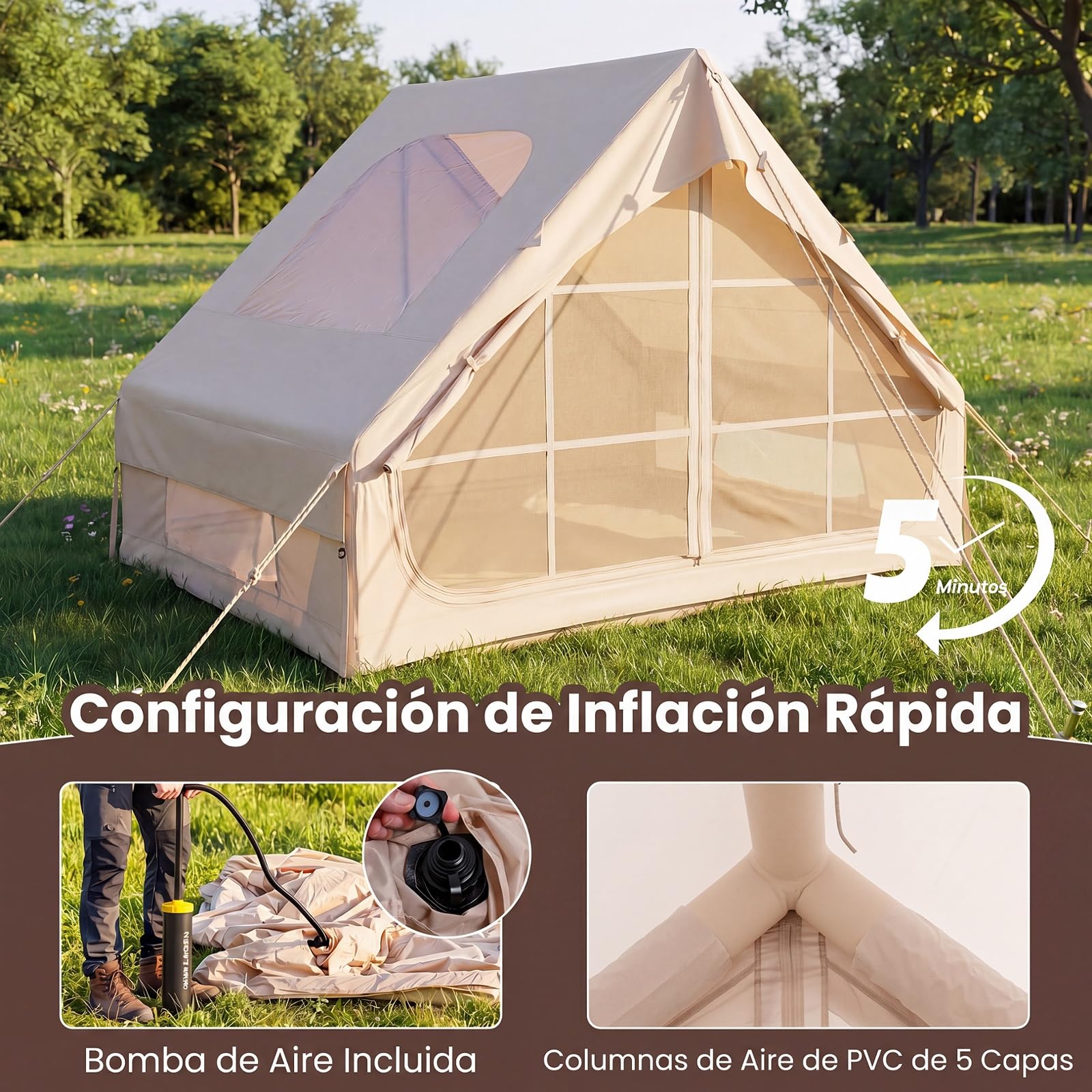 COSTWAY Tienda de Campaña Inflable con Claraboya, Tienda Glamping Familiar para 4 Personas con Puertas, Ventanas de Malla, Bomba de Aire, Bolsa de Transporte, Carpa Camping Exterior para 4 Estaciones