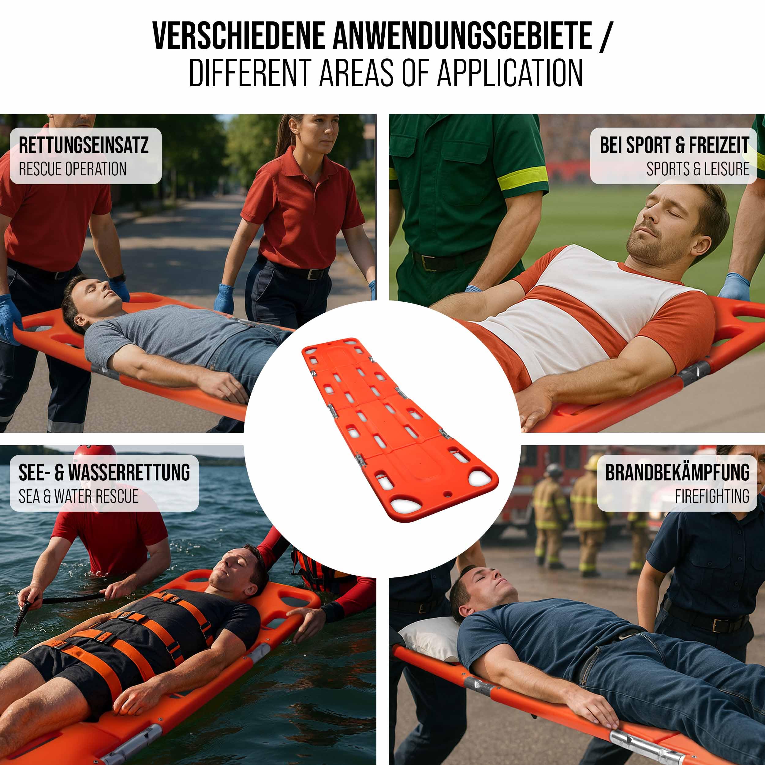 Pulox WTG-200 Rettungsbrett 3-fach klappbar für Land- & Wasserrettung | Spineboard inkl. 2 Gurte, Platzsparend transportierbar für Bergung, Patiententransport und Rettungseinsätze