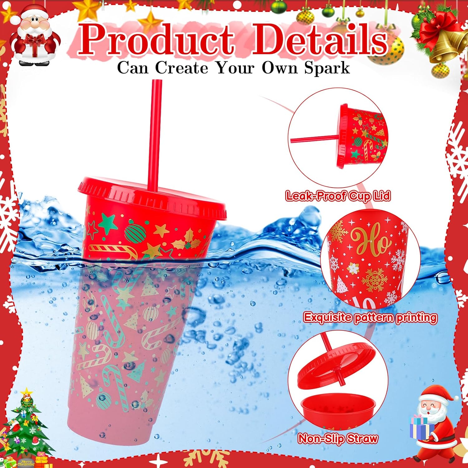 24 Pcs Christmas Plastic Cups with Lids and Straws, 24 OZ Reusable Drinking Cups for Christmas Party Supplies Birthday Gift Juice Coffee Cold Drinks - Image 3