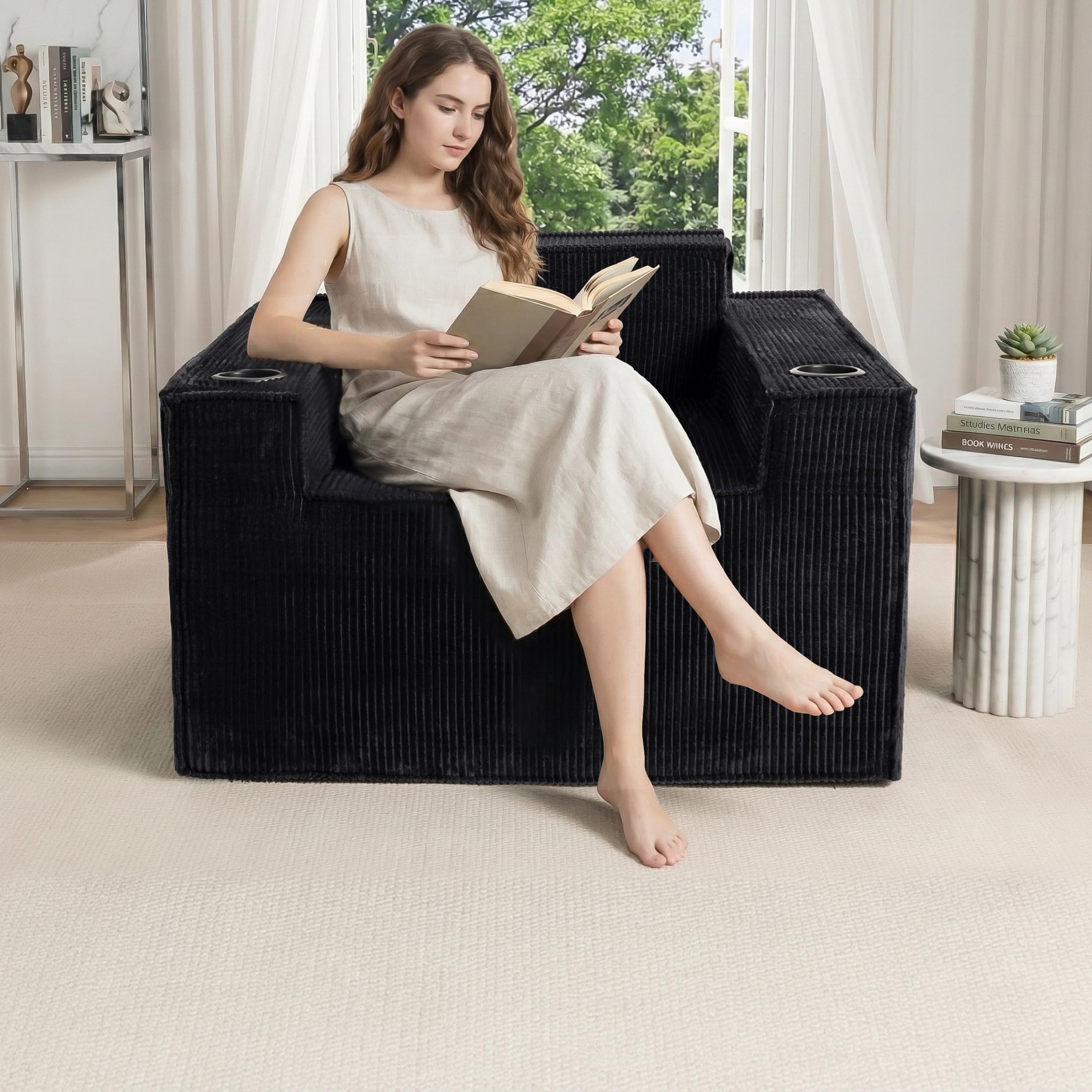 Cloud Single Sofa,Chaise Lounge Chair with Cup Holder & Side Pocket,Elevated Seat Height,No Assembly Required,Boneless Corduroy Chair for Small Space,Bedroom,Office (Black, Single Sofa)