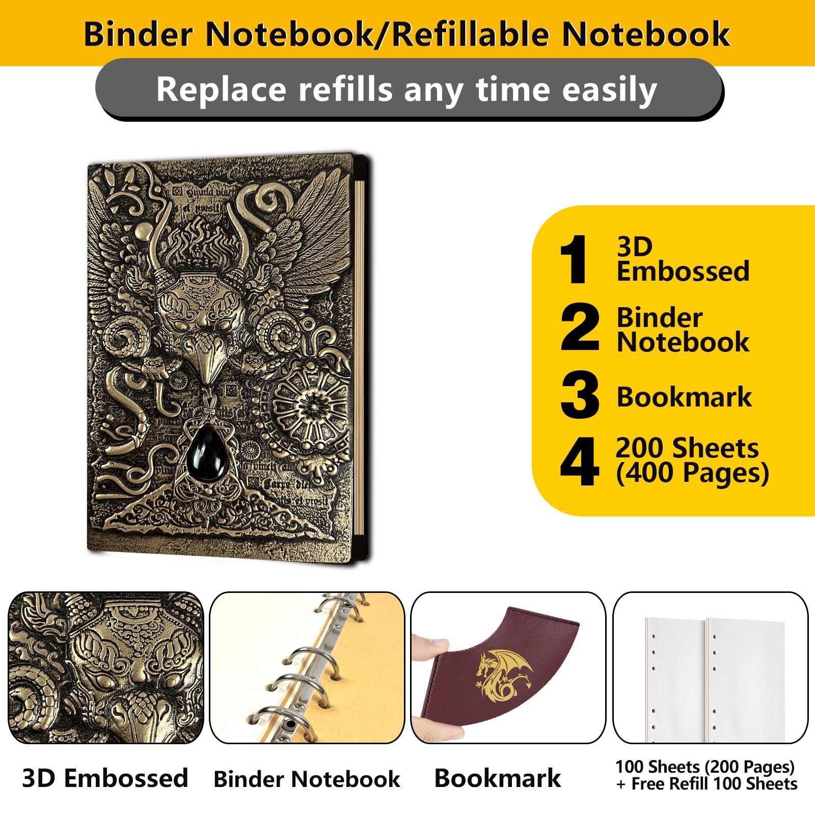 DDFE DND Kampagnen-Tagebuch/Notizbuch, einzigartiges nachfüllbares Buch mit 400 Seiten, mit 3D-geprägtem Ledereinband, ideal für Dungeons & Dragons, Zubehör, D&D-Geschenke für DM's und Spieler, Männer