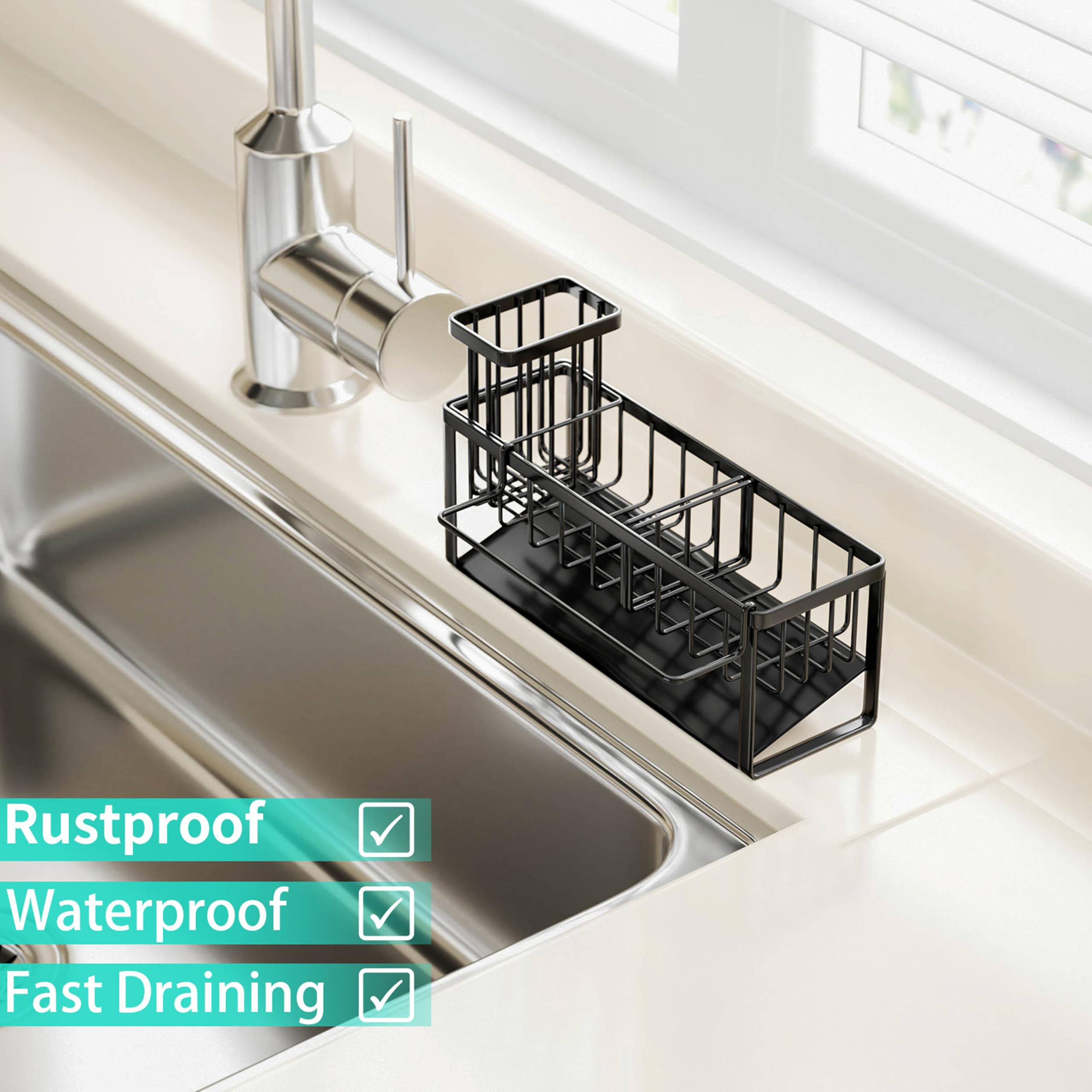 HapiRm Sponge Holder for Kitchen Sink - Self Draining Sink Caddy for Sponge, Black, with Dishcloth Holder - Image 5