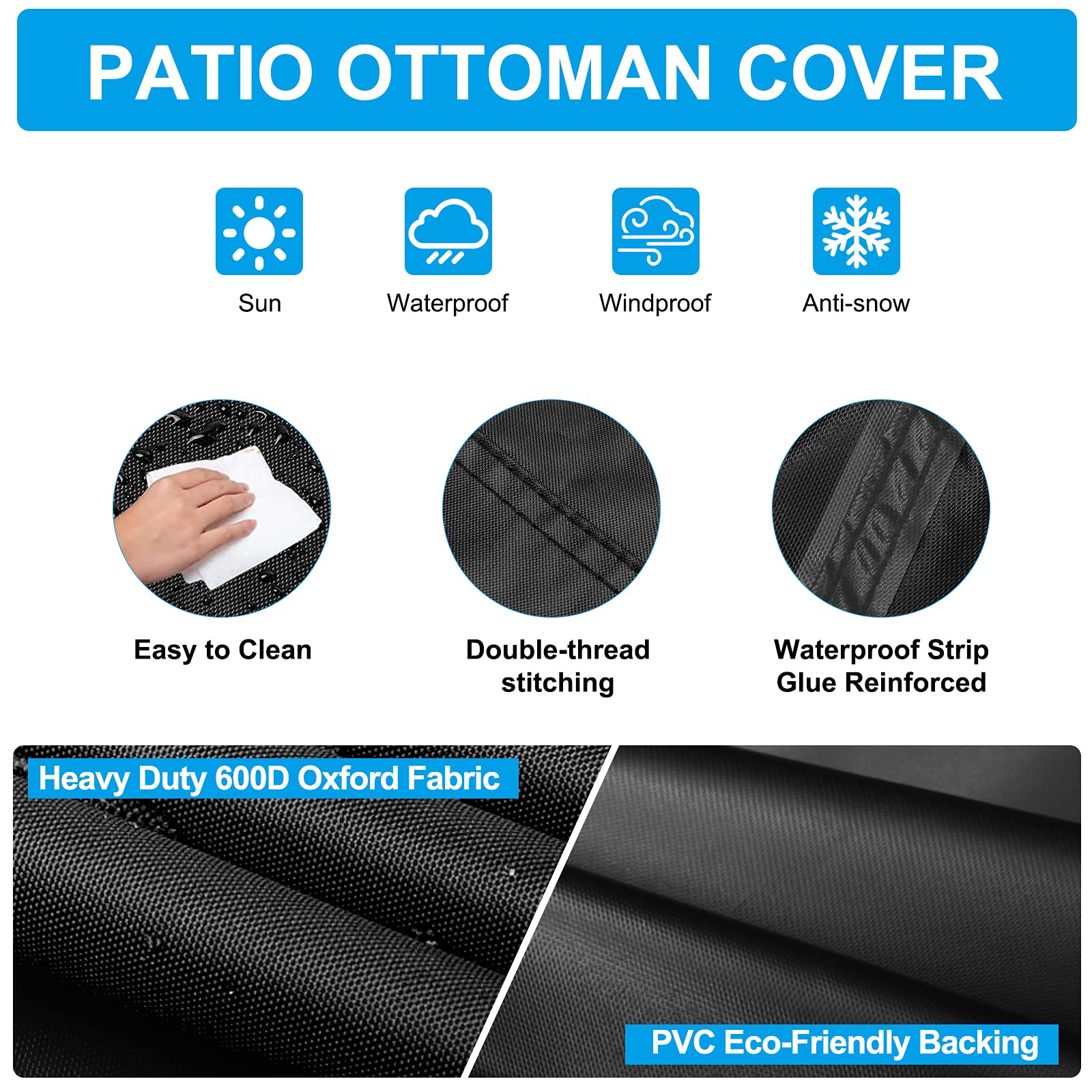 Cubierta otomana para patio, impermeable, resistente a la rotura, tela Oxford 600D, cubierta de muebles de patio con hebilla y tira reflectante, para muebles de comedor, picnic, mesas de café sillas