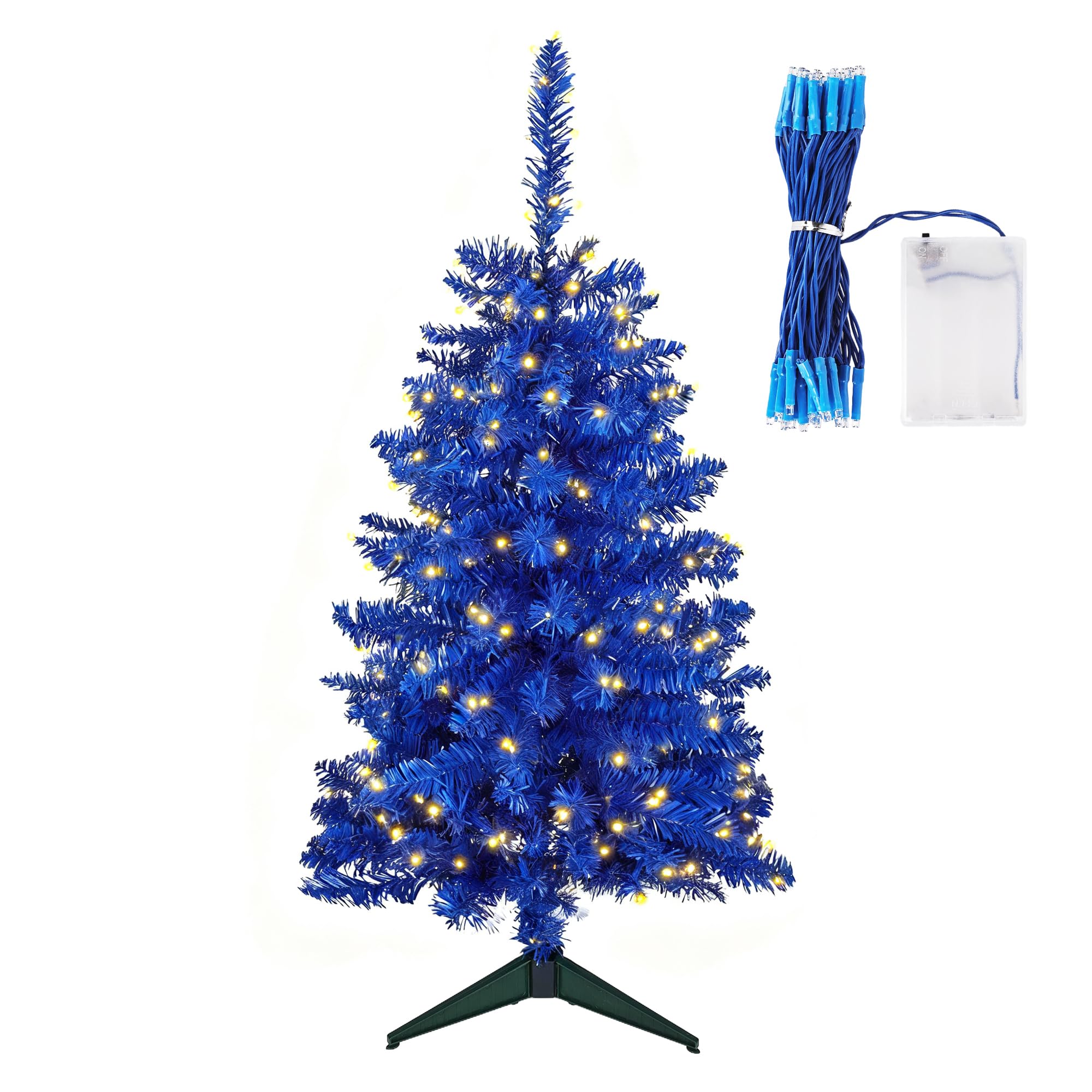 Mini 3FT Blue Artificial Christmas Tree for Tabletop, 50 LED Lights, 164 Branch Tips, Foldable Metal Base & Easy Assembly, Holiday Decor for Home, Office, Apartment