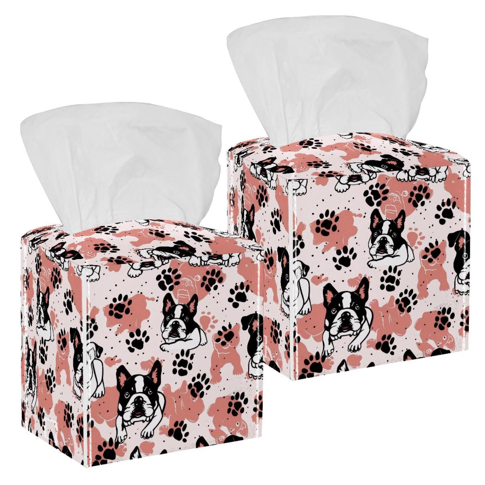 Dog Paws Tissue Box Cover, 2 Pack PU Leather Square Facial Tissue Dispenser Box holder for Home Office Car