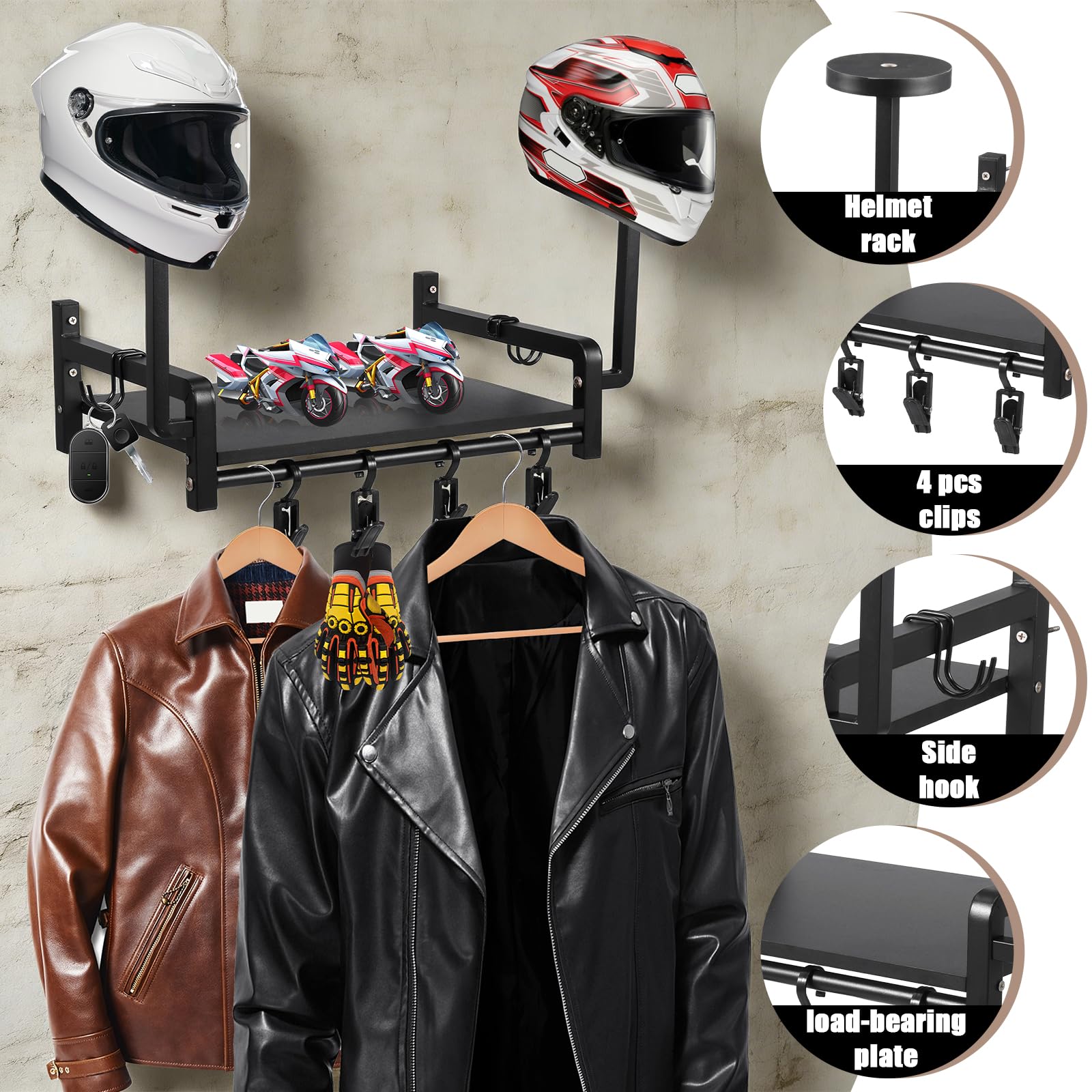 Helmhalterung Wand, Motorradhelm Halterung Display Organizer mit 2 Hutständern, Helmhalter Wandhalterung mit 4 Motorrad Handschuhhaken,Motorradkleidung Aufbewahrung für Fußballmotorräder(schwarz)