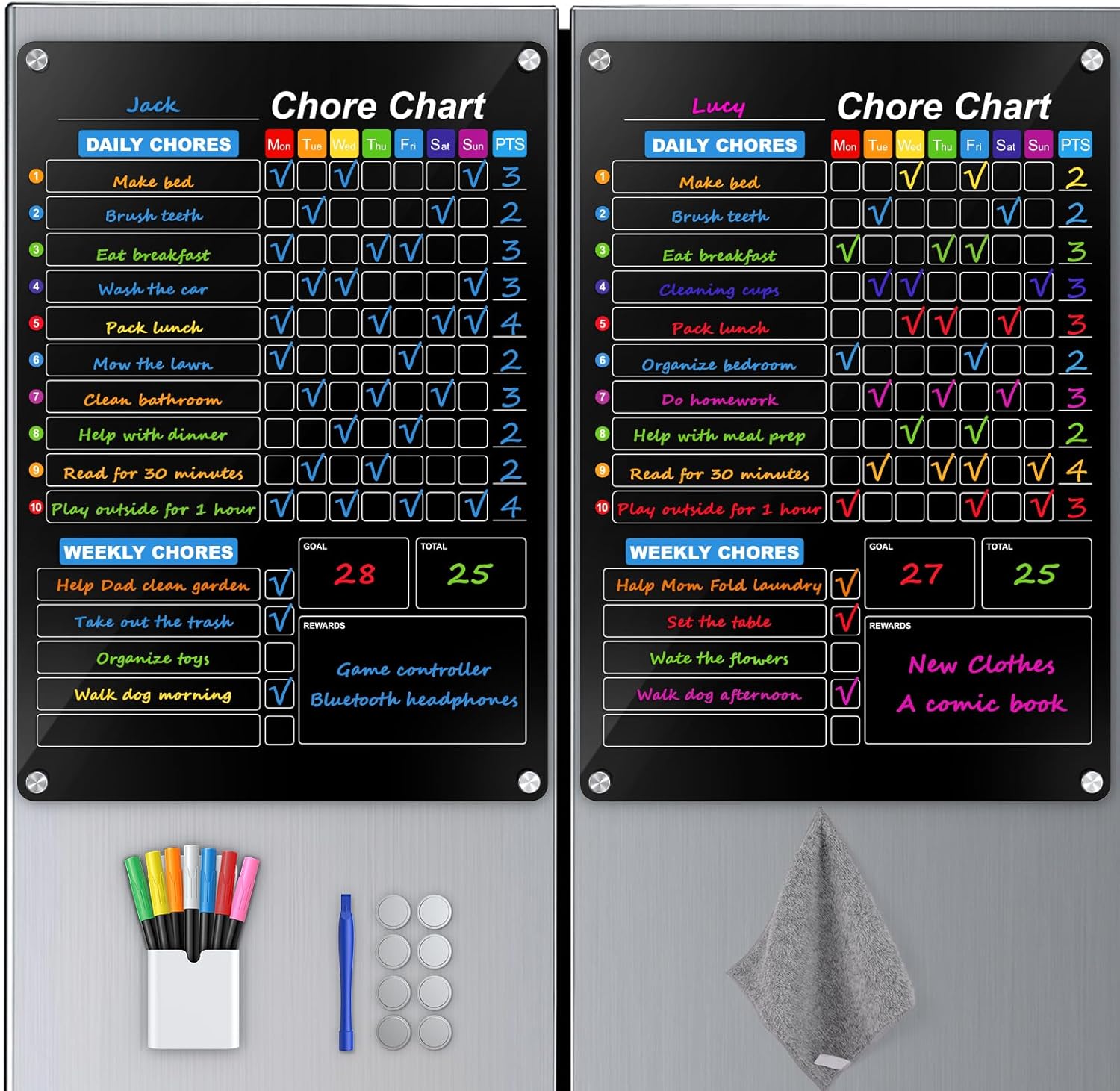 2-Pack Acrylic Magnetic Chore Chart for Kids, 12"x16" Daily/Weekly Easy-Check Reward Responsibility to Do List, Fridge Dry Erase Board for Multiple Kids Teens Adult Family with 7 Markers
