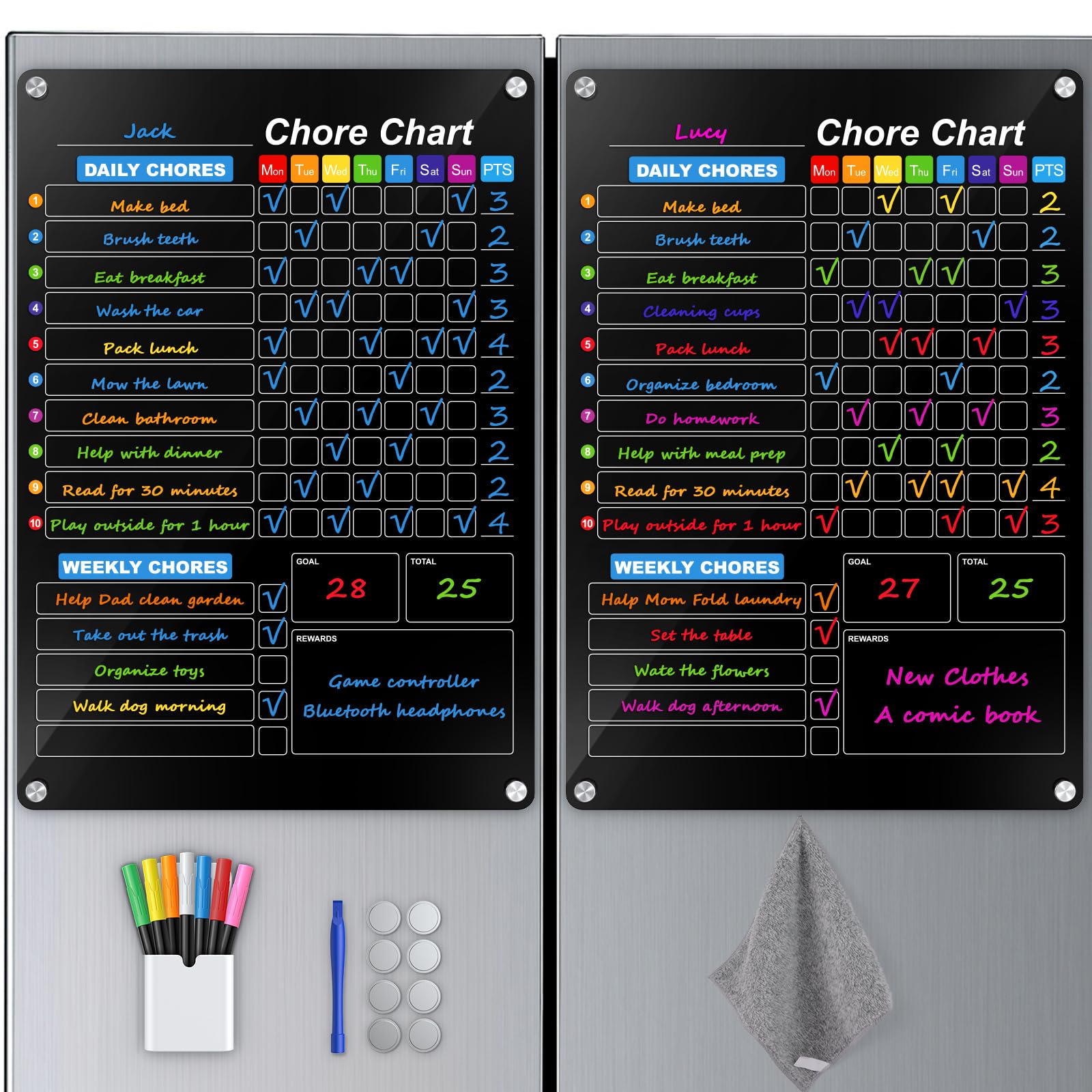 2-Pack Acrylic Magnetic Chore Chart for Kids, 12"x16" Daily/Weekly Easy-Check Reward Responsibility to Do List, Fridge Dry Erase Board for Multiple